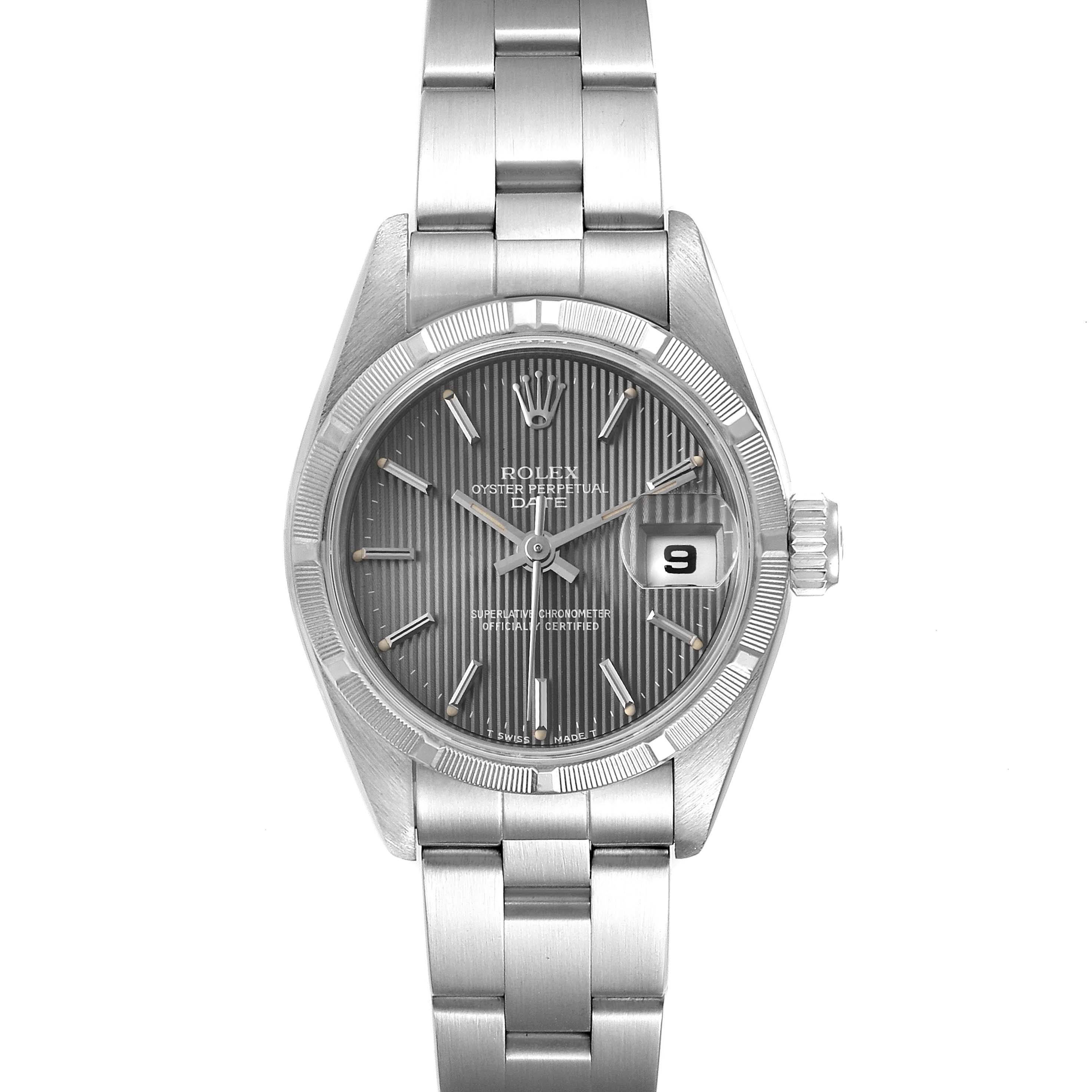 The image shows a front view of the Rolex Date 69190 Women's Stainless Steel Grey Dial 69190 Women's Stainless Steel Grey Dial model watch, highlighting the dial, bezel, bracelet, and date window.