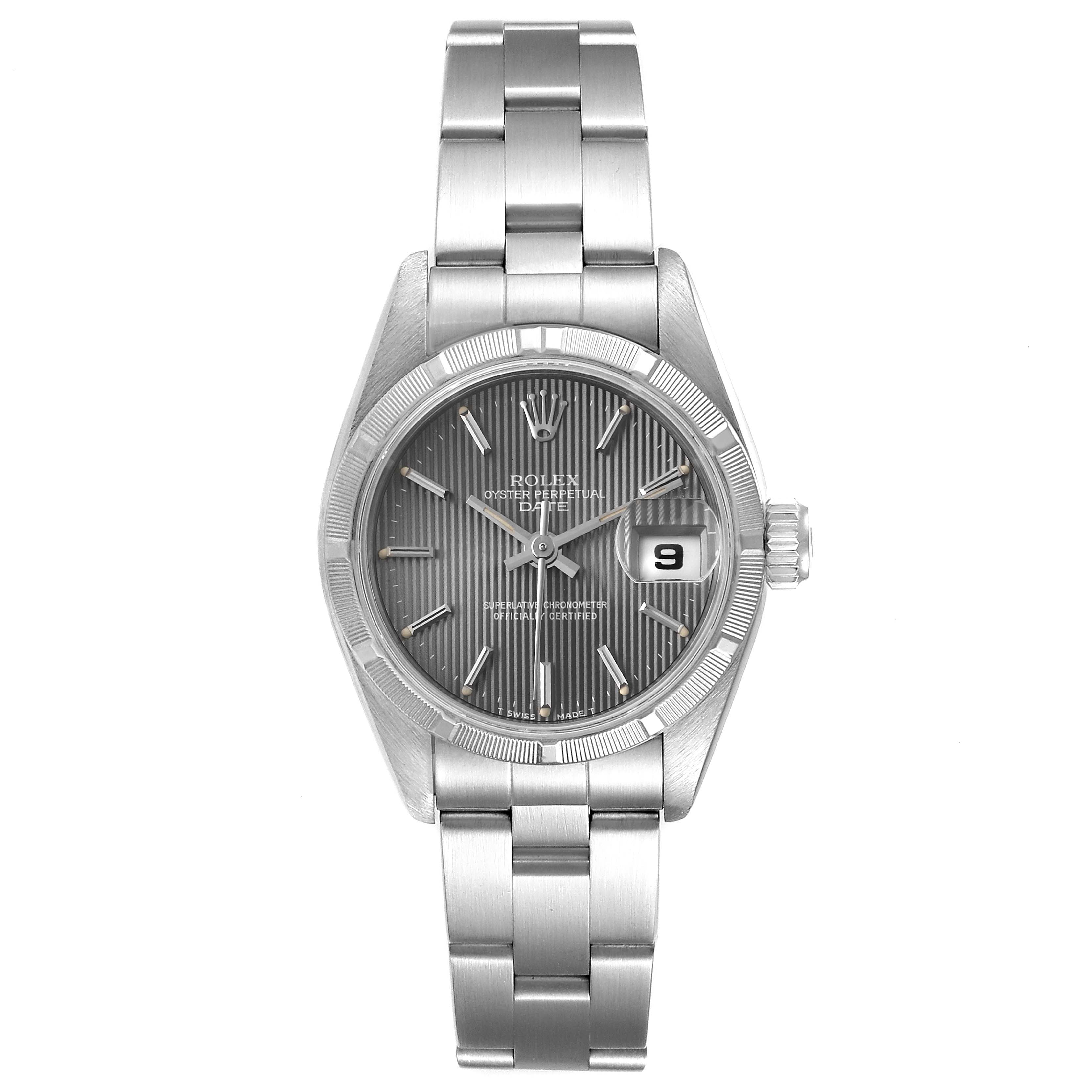 This image shows the front view of a Rolex Date 69190 Women's Stainless Steel Grey Dial 69190 Women's Stainless Steel Grey Dial model watch, displaying the face, dial, bezel, and bracelet.