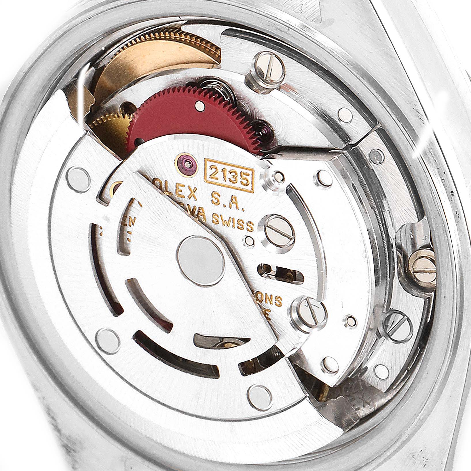 The image shows the internal mechanism and movement of a Rolex Date 69190 Women's Stainless Steel Grey Dial 69190 Women's Stainless Steel Grey Dial model watch taken from the back.