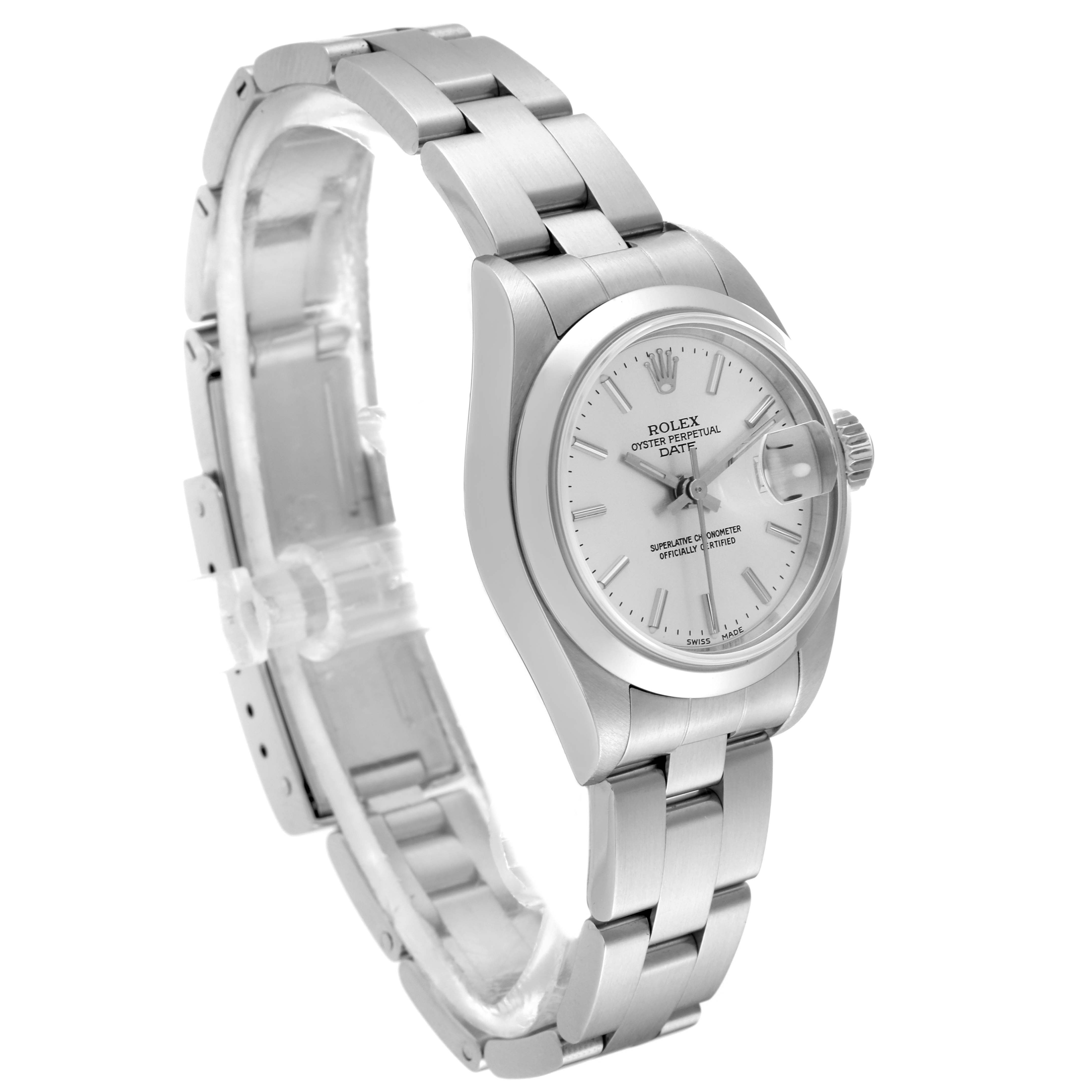 The image shows a side angle of the Rolex Date 79160 Women's Stainless Steel Silver Dial 79160 Women's Stainless Steel Silver Dial model watch, highlighting the dial, crown, and stainless steel bracelet.