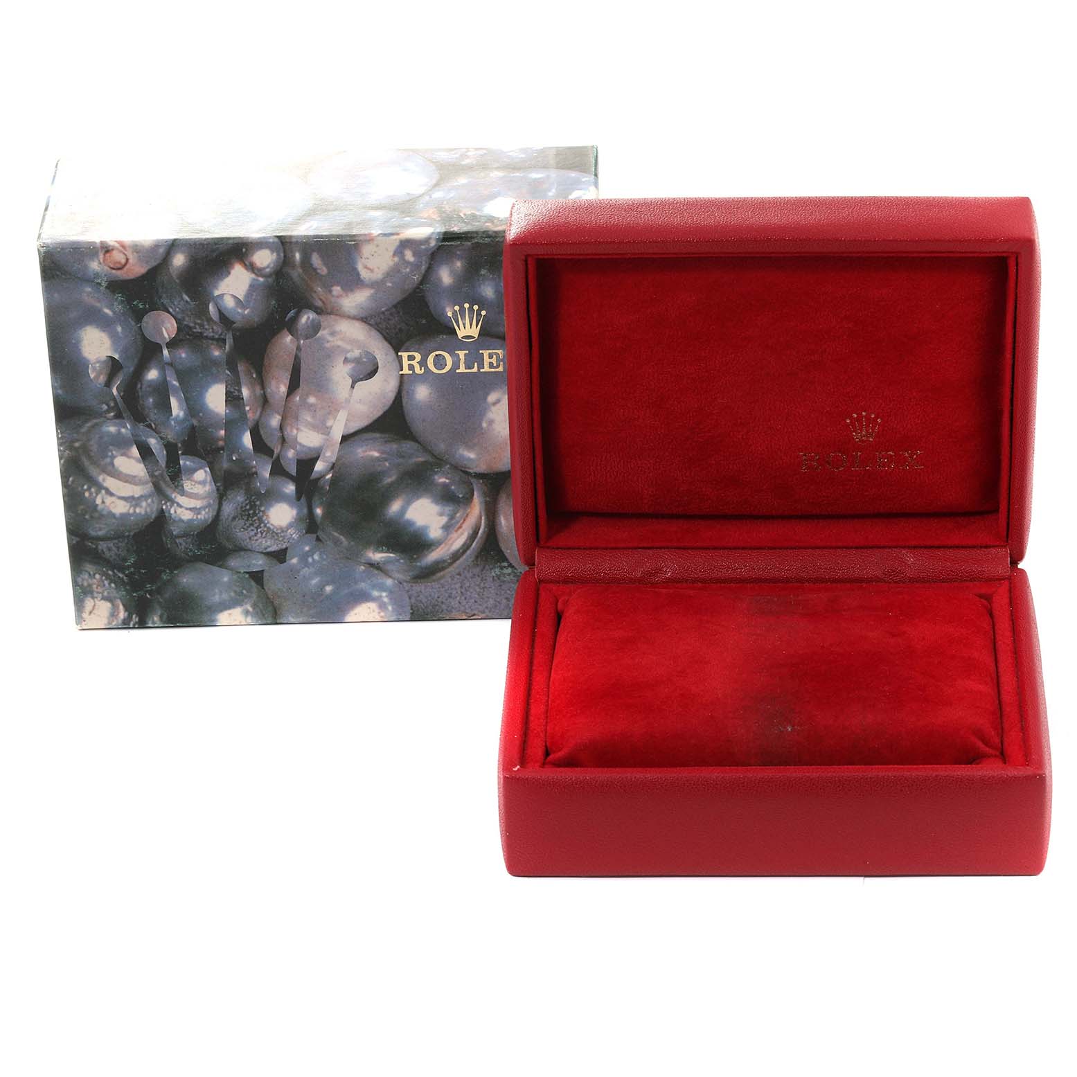 The image shows a Rolex Date 79160 Women's Stainless Steel Silver Dial 79160 Women's Stainless Steel Silver Dial model watch box and its outer packaging, angled from the front with the box open.