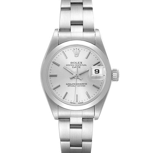 The image shows a front view of the Rolex Date model, displaying its dial, hands, bracelet, and date window.