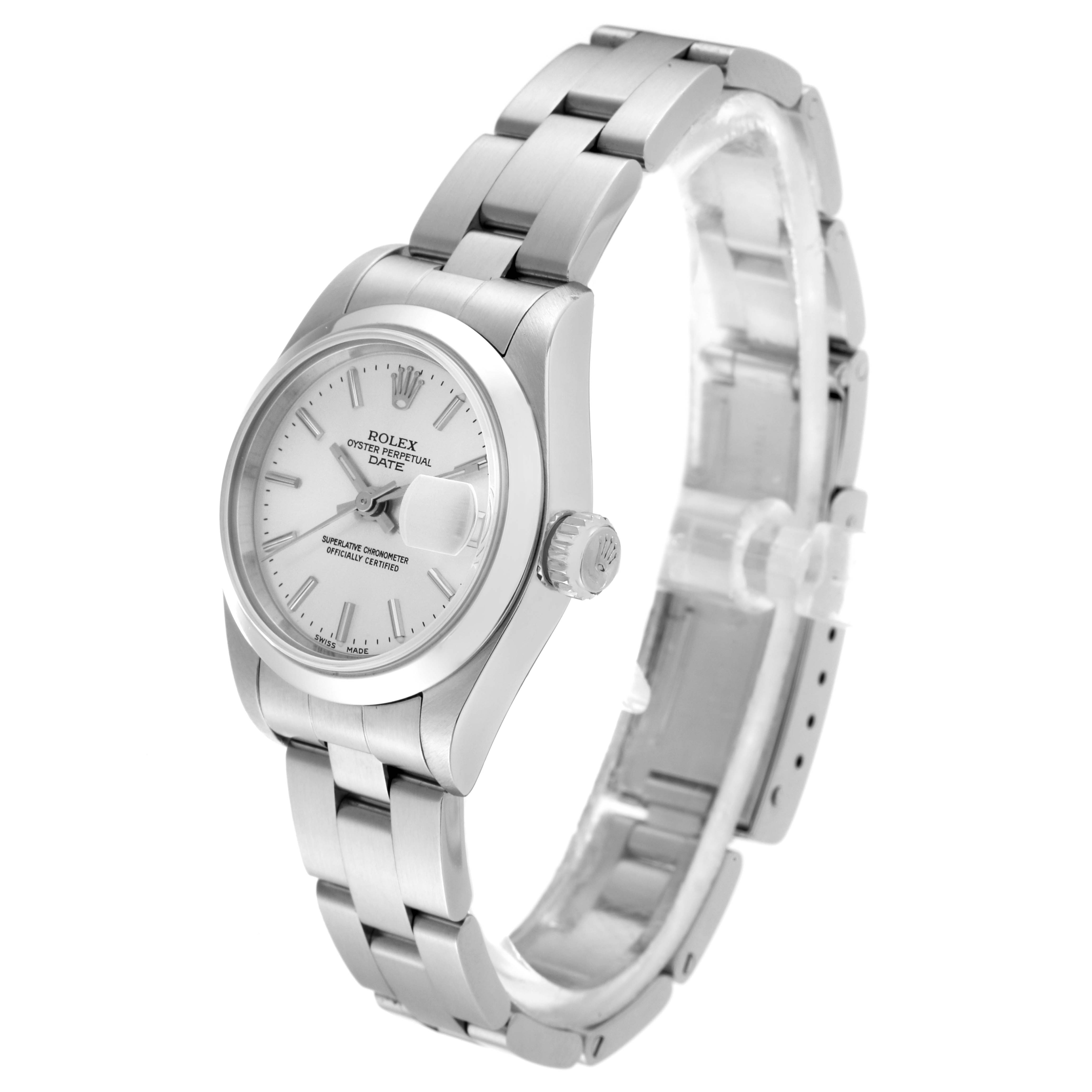 The image shows a Rolex Date 79160 Women's Stainless Steel Silver Dial 79160 Women's Stainless Steel Silver Dial model watch at a three-quarter view, highlighting the face, bracelet, and crown.