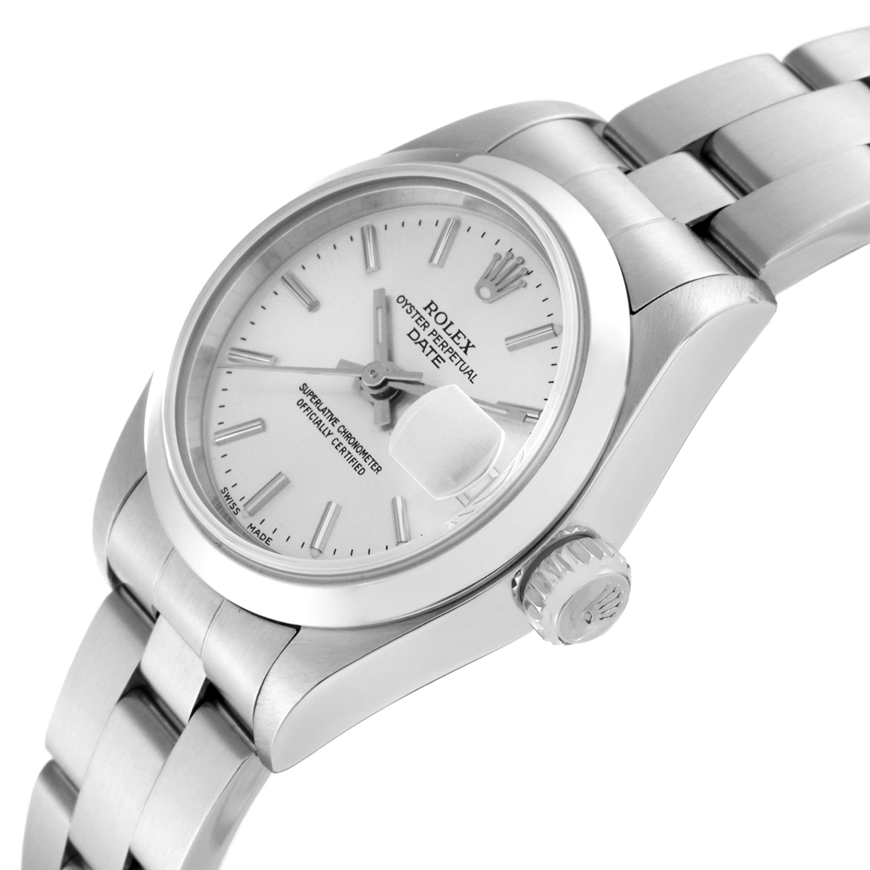 This image shows a side angle of a Rolex Date 79160 Women's Stainless Steel Silver Dial 79160 Women's Stainless Steel Silver Dial model, highlighting the crown, bezel, bracelet, and part of the dial with date magnifier.