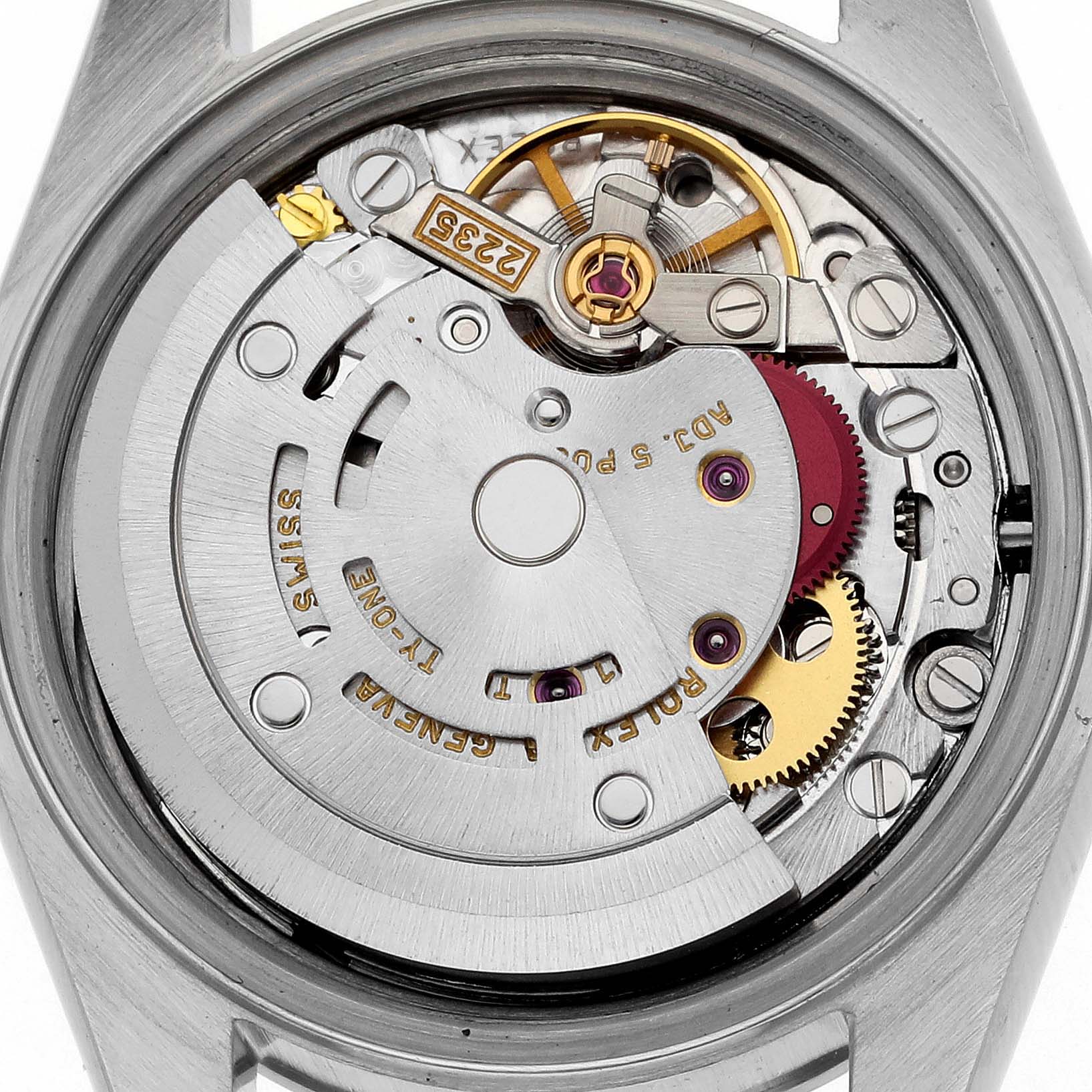 This image shows the inner mechanics of a Rolex Date 79160 Women's Stainless Steel Silver Dial 79160 Women's Stainless Steel Silver Dial model watch, viewed from the back, highlighting the movement components.