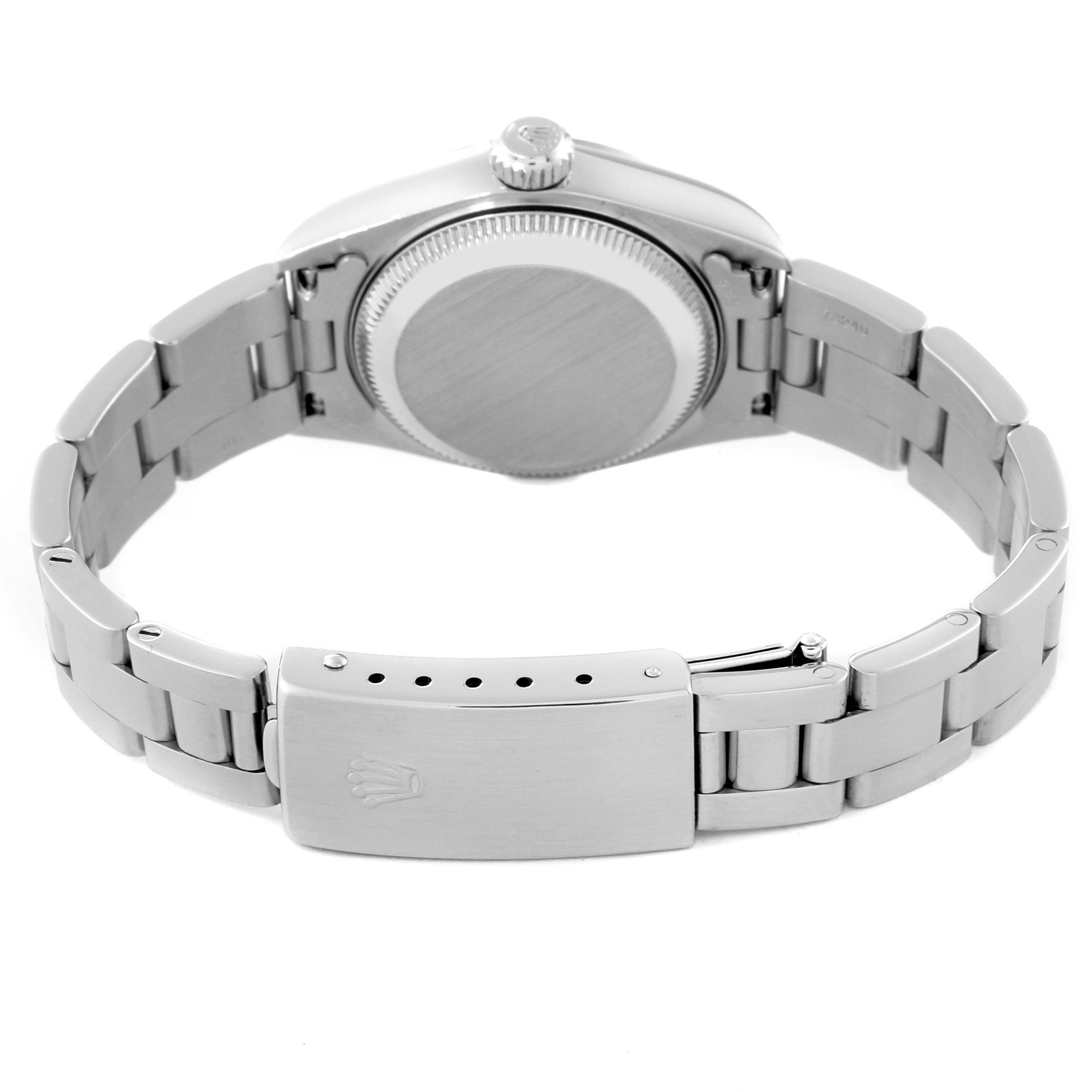 The image shows the back view of a Rolex Date 79160 Women's Stainless Steel Silver Dial 79160 Women's Stainless Steel Silver Dial model watch, highlighting its clasp, case back, and bracelet.