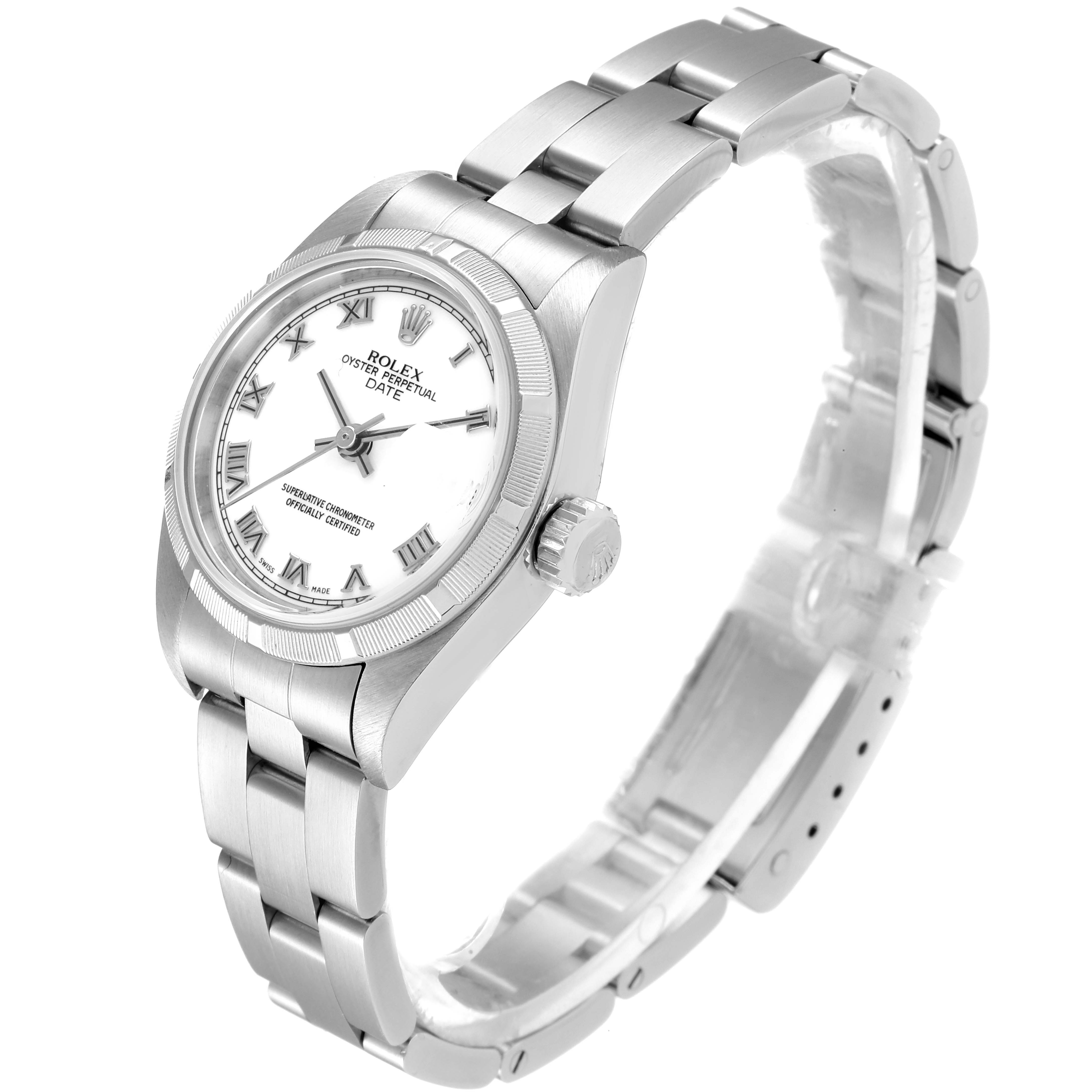 The image shows a Rolex Date 79190 Women
s Stainless Steel White Dial 79190 Women
s Stainless Steel White Dial model watch at a 3/4 angle, highlighting the dial, bezel, crown, and bracelet.
