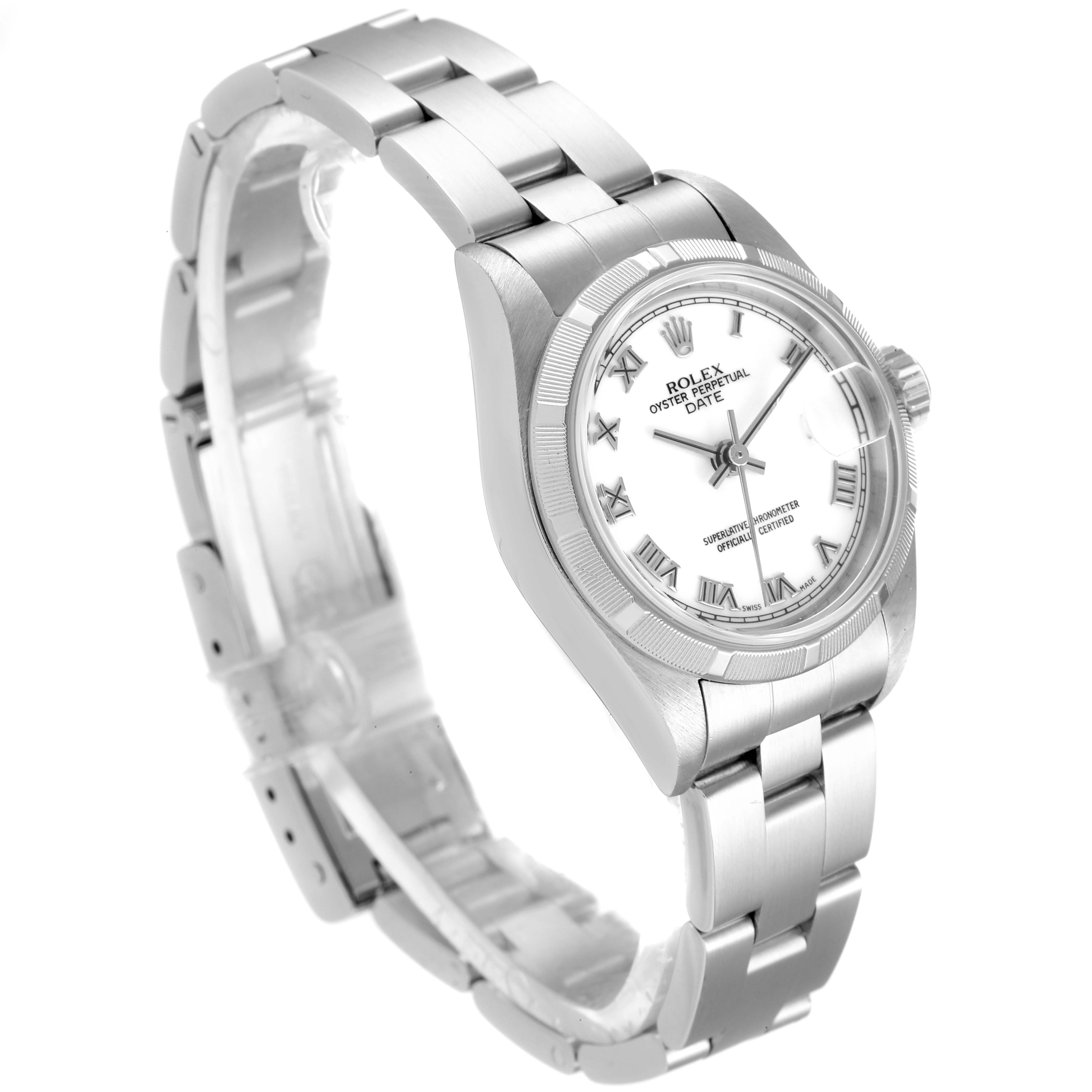 This image shows a Rolex Date 79190 Women
s Stainless Steel White Dial 79190 Women
s Stainless Steel White Dial model watch at a three-quarter angle, showcasing the bezel, dial, and bracelet.