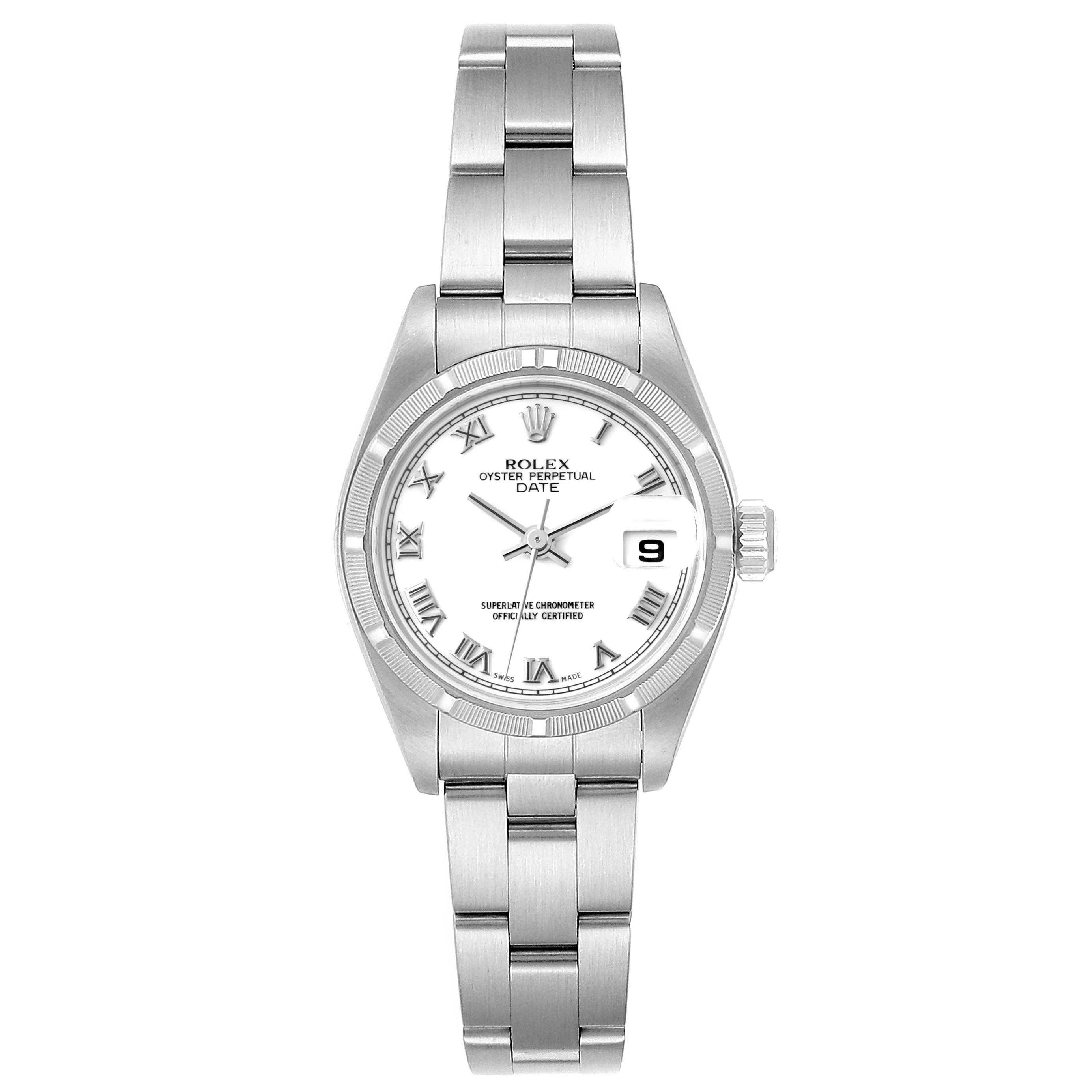 The image shows a frontal view of a Rolex Date 79190 Women
s Stainless Steel White Dial 79190 Women
s Stainless Steel White Dial model watch, displaying the face, bezel, and bracelet.