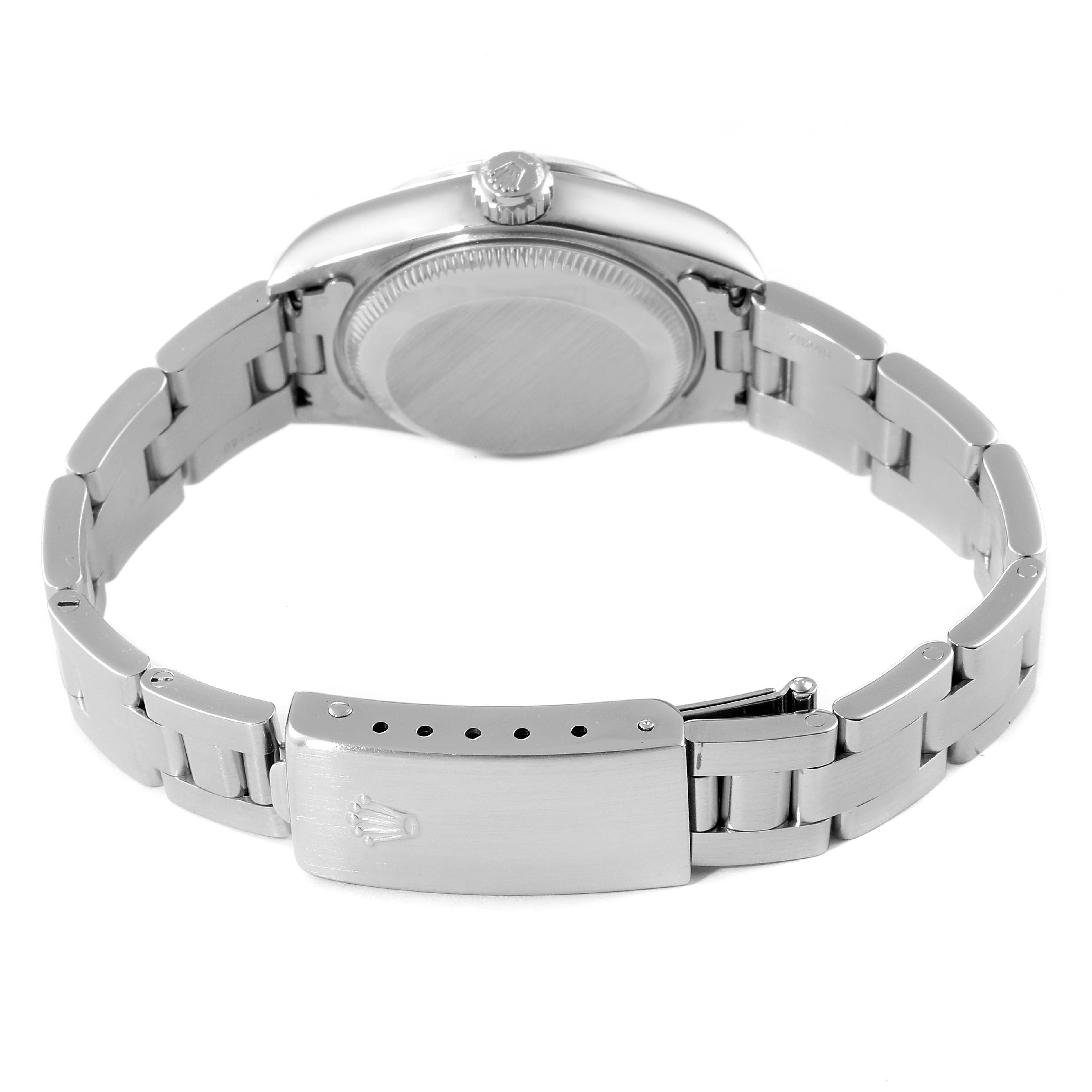 The image shows the back view of a Rolex Date 79190 Women
s Stainless Steel White Dial 79190 Women
s Stainless Steel White Dial model watch, featuring the case back and bracelet with the clasp open.