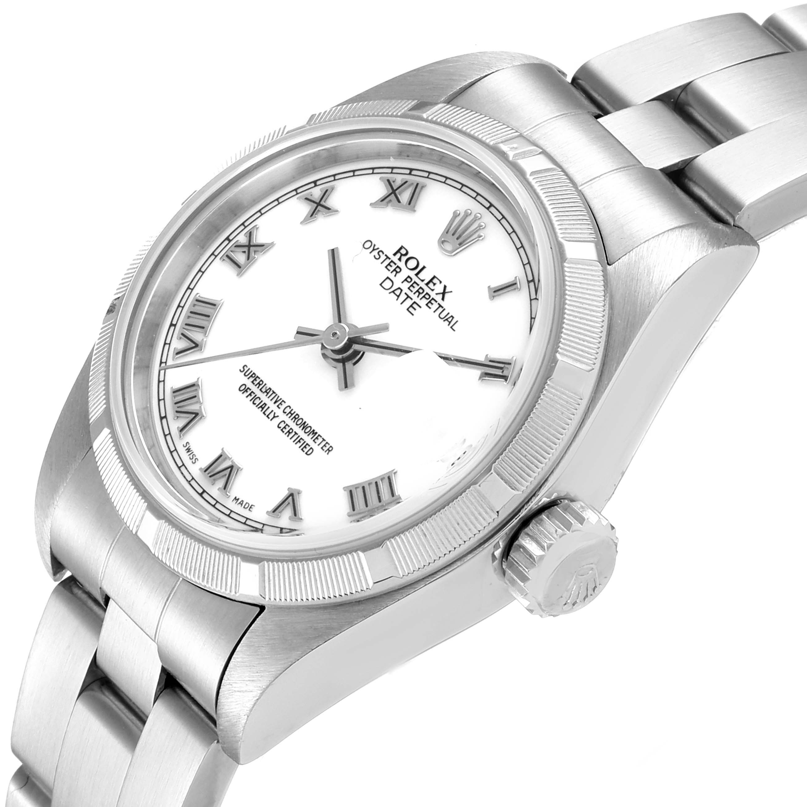 The Rolex Date 79190 Women
s Stainless Steel White Dial 79190 Women
s Stainless Steel White Dial model watch is shown at an angled view, highlighting the dial, crown, and part of the bracelet.