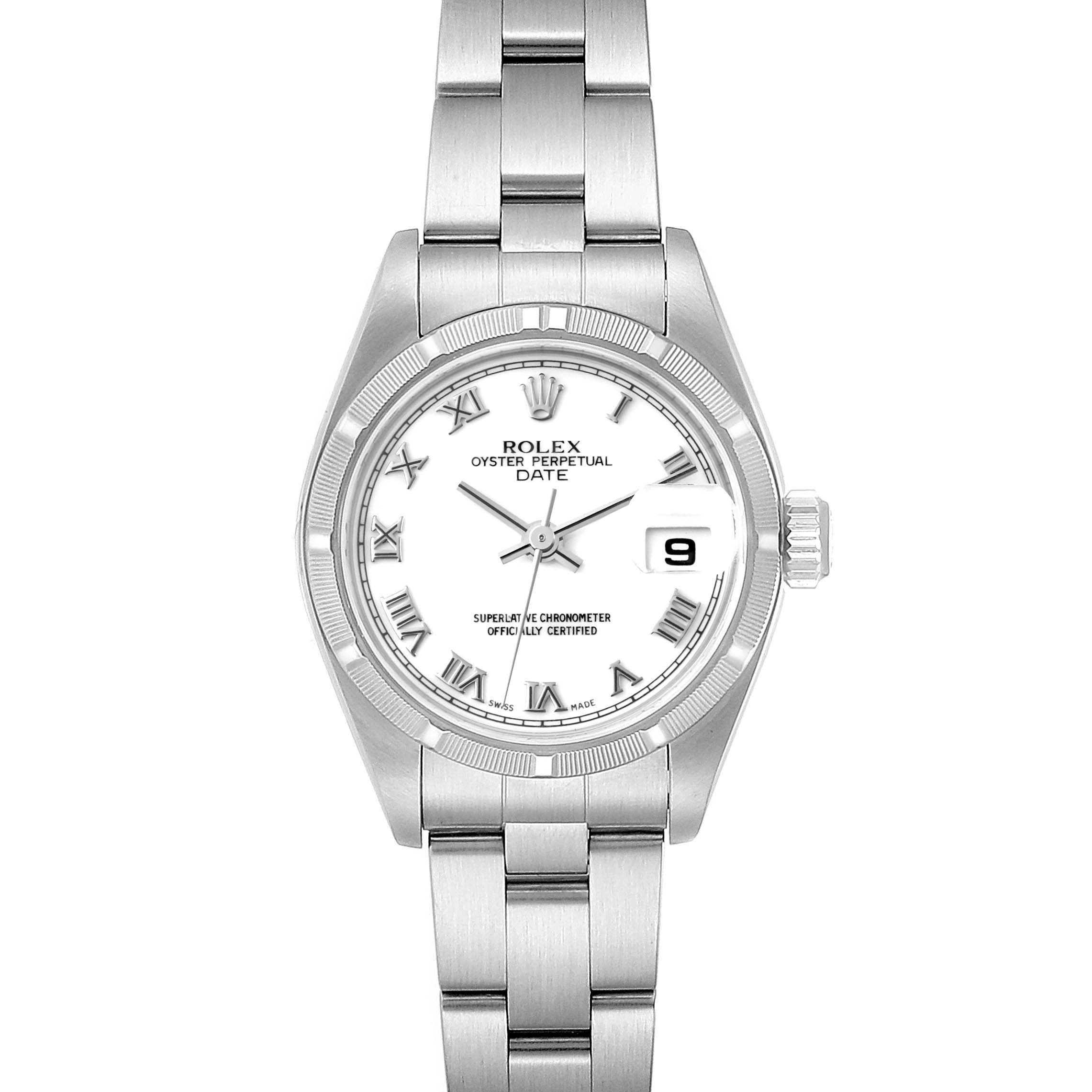 This image shows a front view of a Rolex Date 79190 Women
s Stainless Steel White Dial 79190 Women
s Stainless Steel White Dial model watch, displaying the dial, bezel, bracelet, and crown.