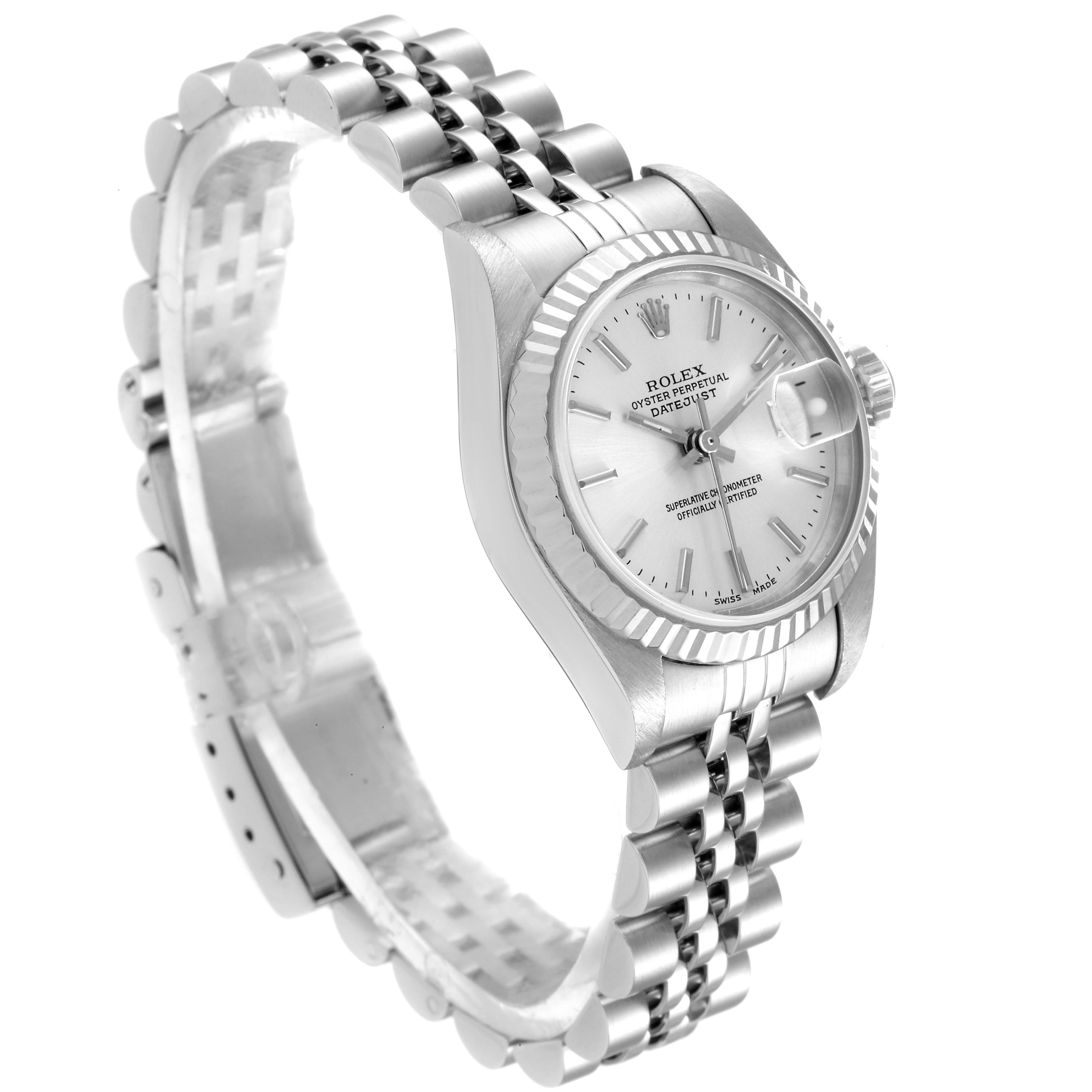 This image shows a side angle view of the Rolex Datejust 79174 Women
s Stainless Steel Silver Dial 79174 Women
s Stainless Steel Silver Dial watch, highlighting the dial, bezel, case, and bracelet.
