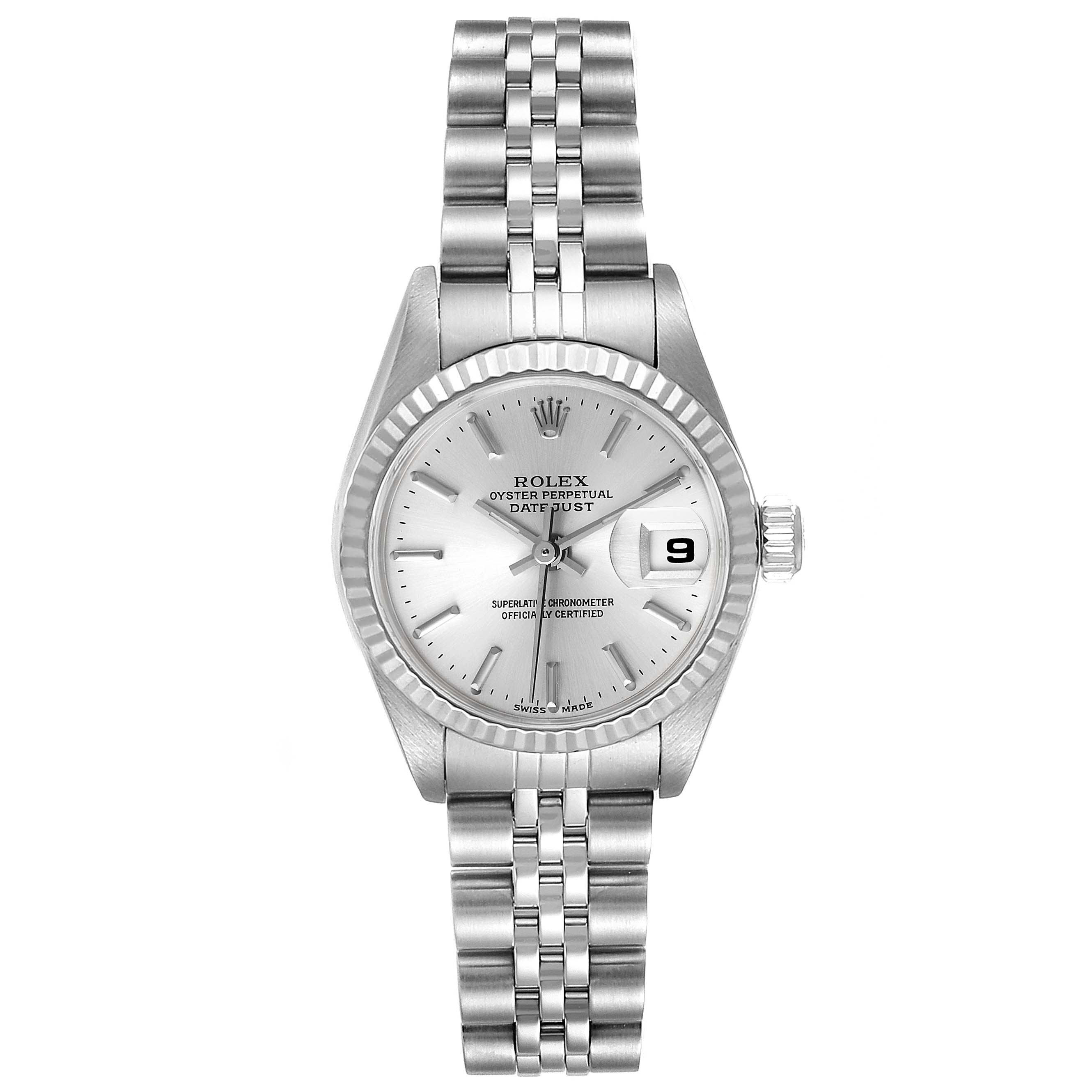 This image shows a front view of a Rolex Datejust 79174 Women
s Stainless Steel Silver Dial 79174 Women
s Stainless Steel Silver Dial model, displaying the dial, bezel, crown, and bracelet.