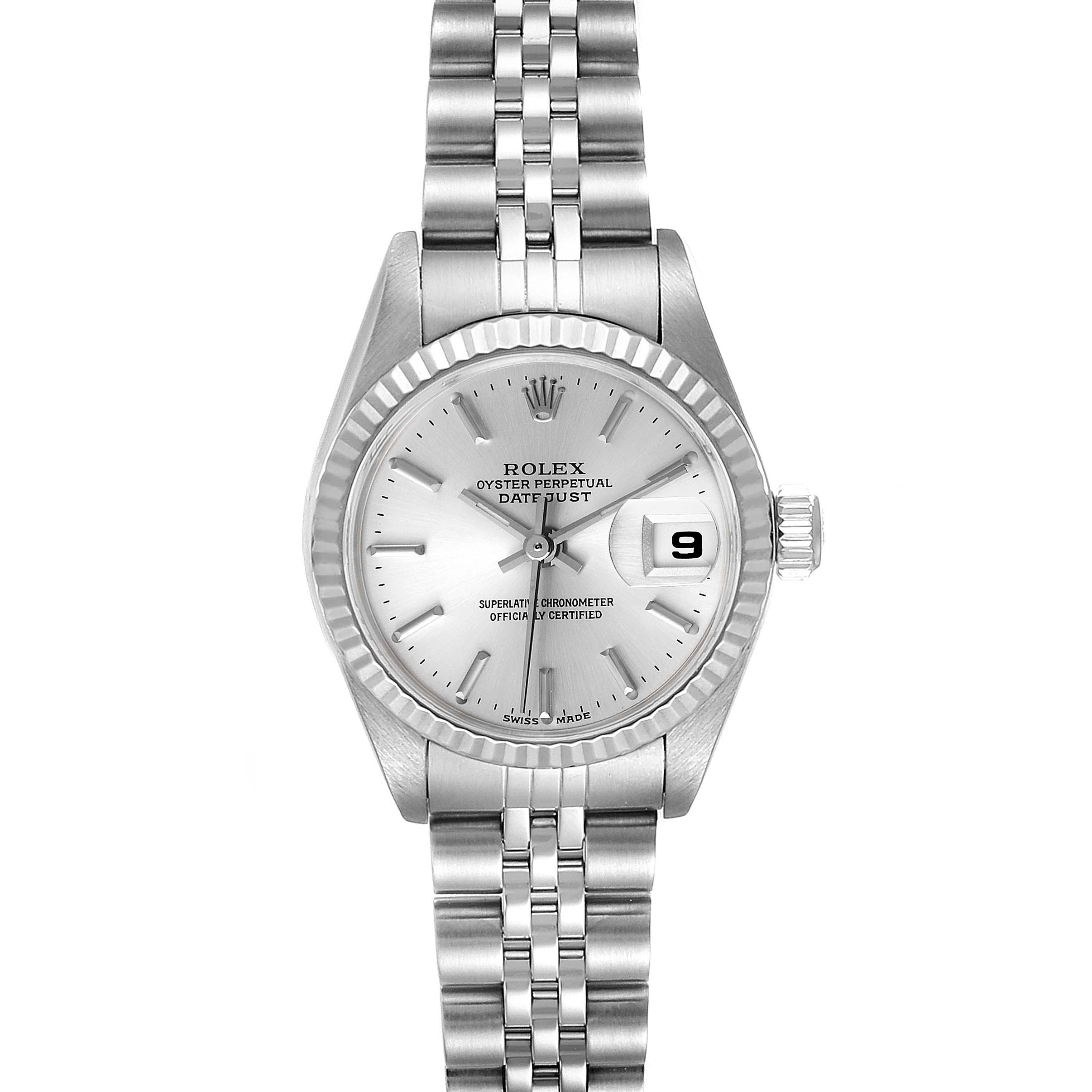 The image shows a front view of a Rolex Datejust 79174 Women
s Stainless Steel Silver Dial 79174 Women
s Stainless Steel Silver Dial watch displaying its face, bezel, crown, and bracelet.