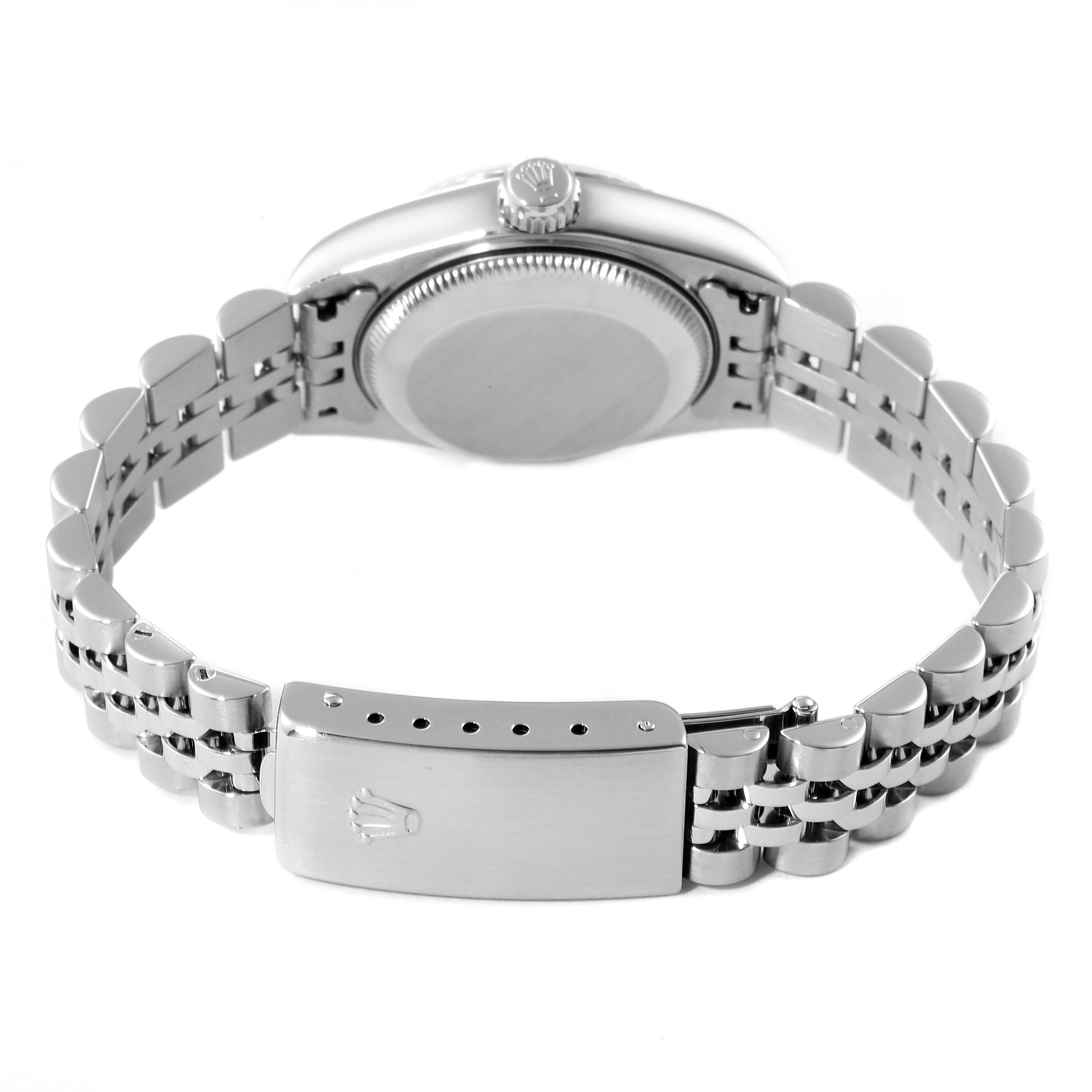 The image shows the back of a Rolex Datejust 79174 Women
s Stainless Steel Silver Dial 79174 Women
s Stainless Steel Silver Dial watch, focusing on its bracelet and clasp.