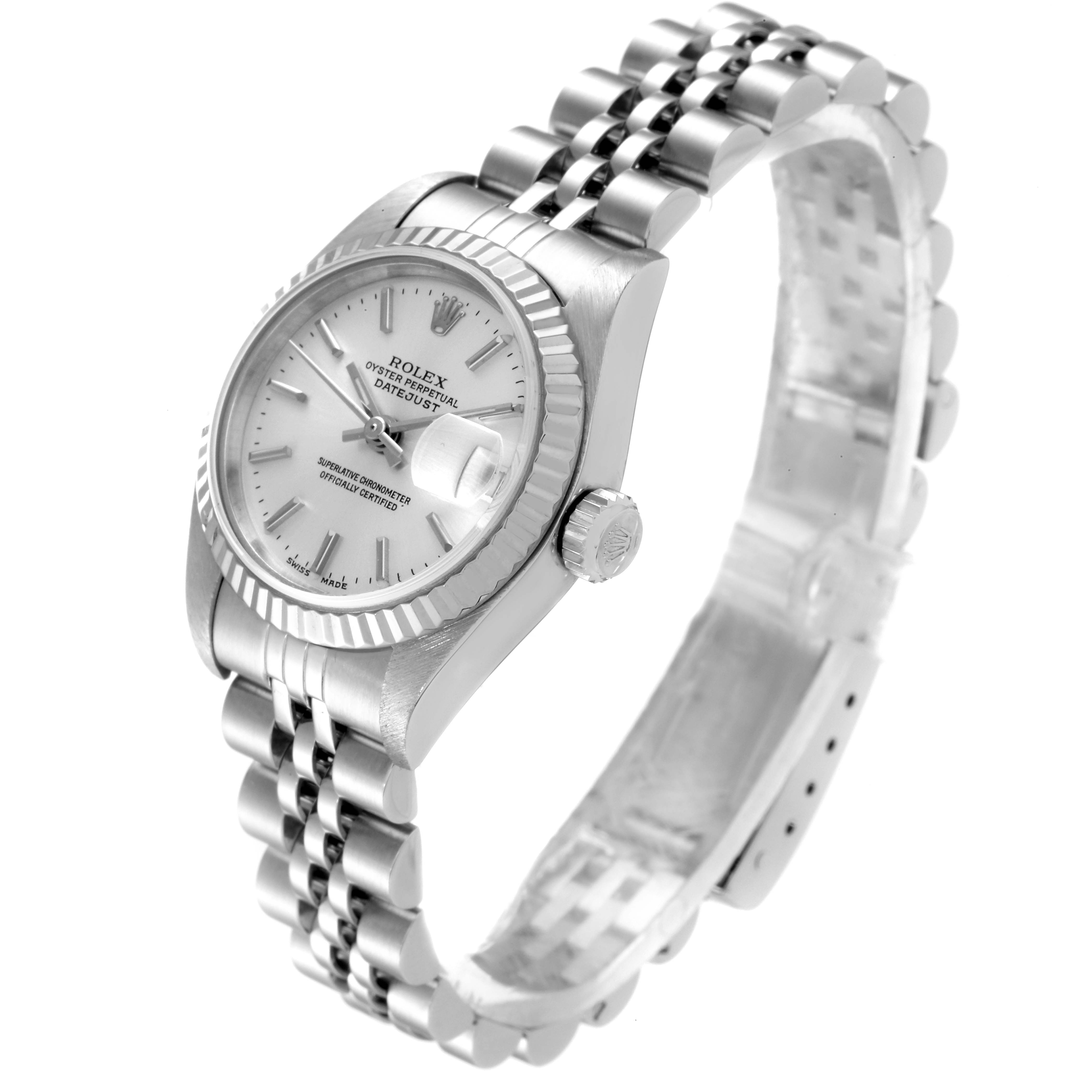The image shows a Rolex Datejust 79174 Women
s Stainless Steel Silver Dial 79174 Women
s Stainless Steel Silver Dial watch at a right-front angle, highlighting its face, fluted bezel, crown, and Jubilee bracelet.