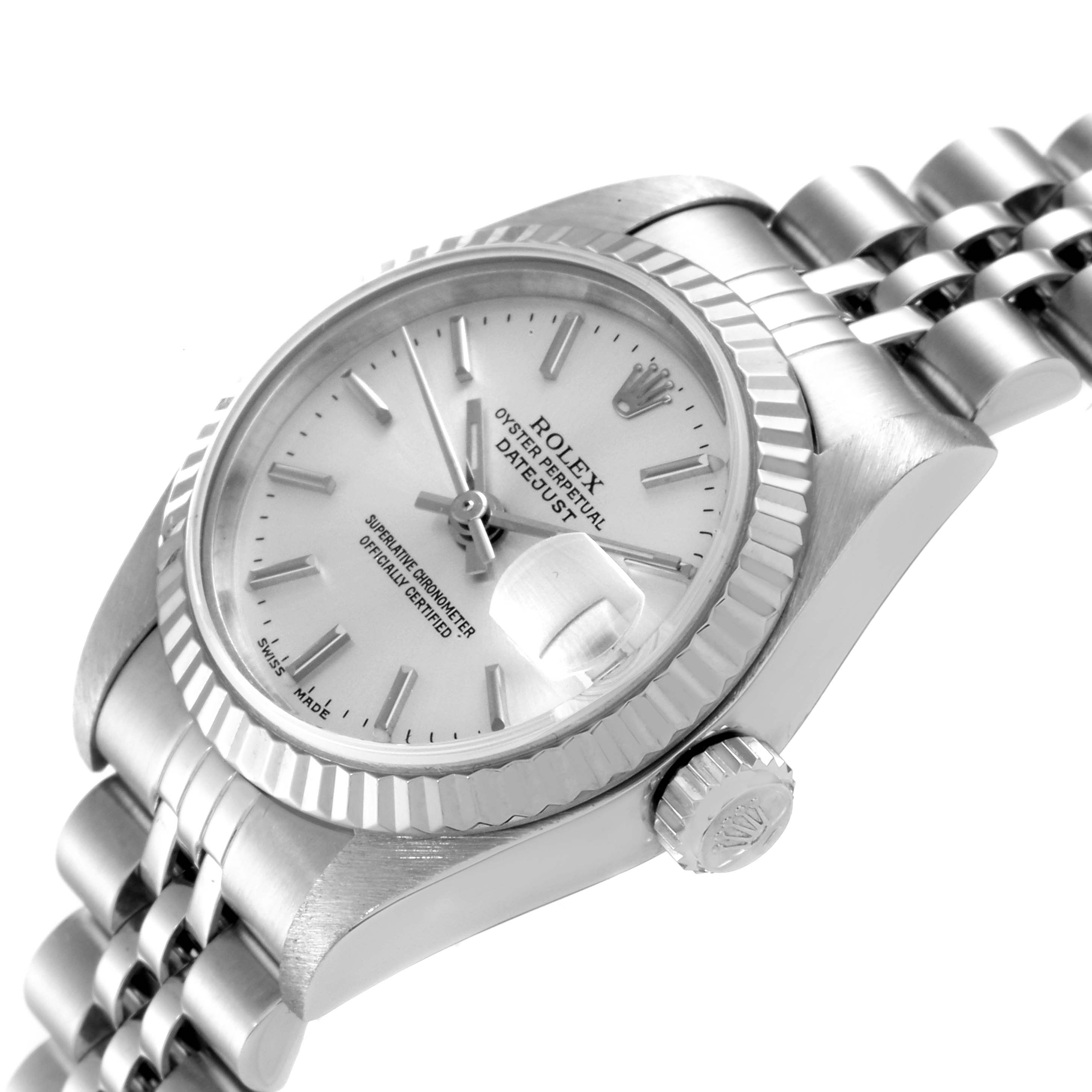 This image shows a close-up angle of the Rolex Datejust 79174 Women
s Stainless Steel Silver Dial 79174 Women
s Stainless Steel Silver Dial watch featuring its dial, fluted bezel, crown, and bracelet.