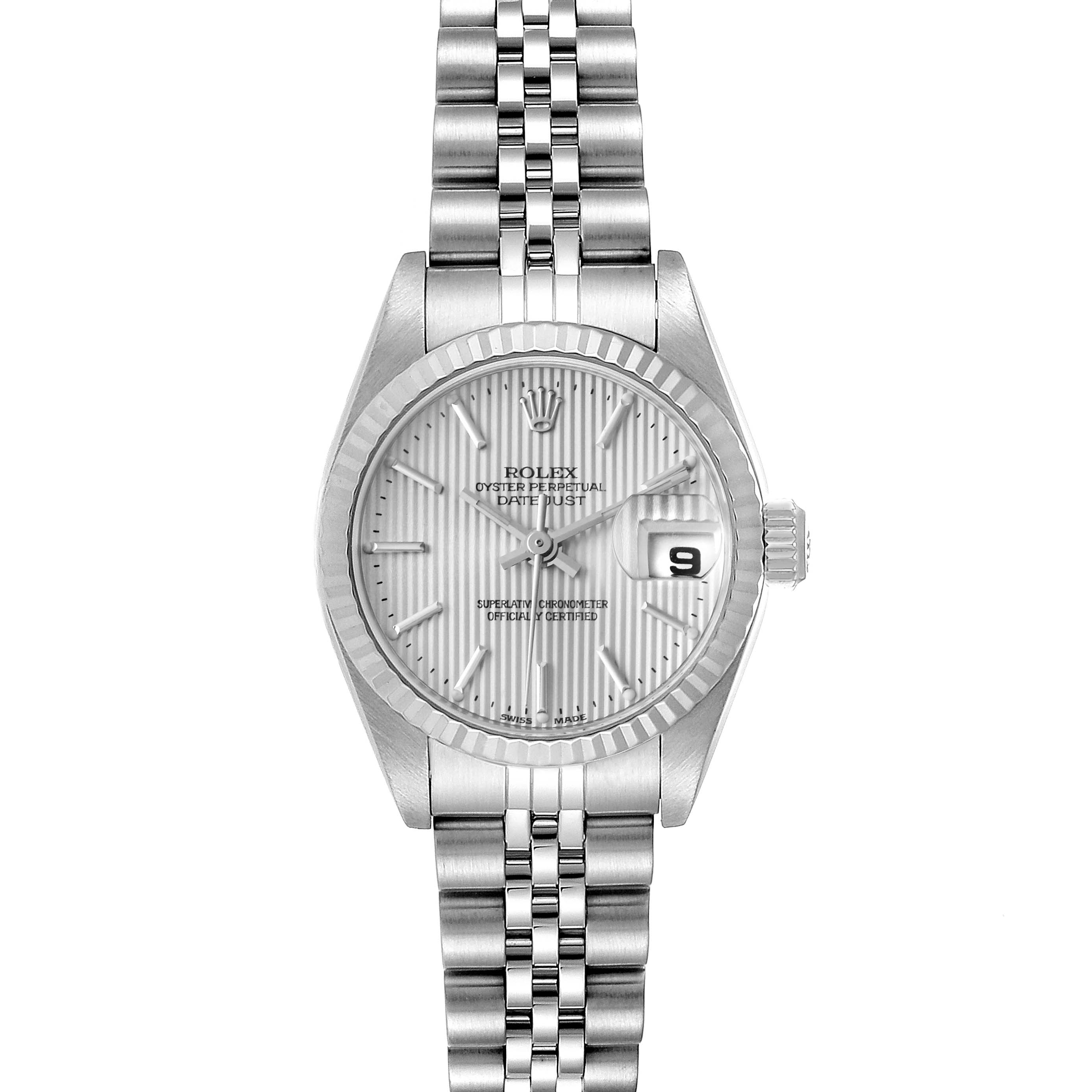 This is a front-angle view of a Rolex Datejust 79174 Women
s Stainless Steel Silver Dial 79174 Women
s Stainless Steel Silver Dial watch, showing its face, bezel, and bracelet.