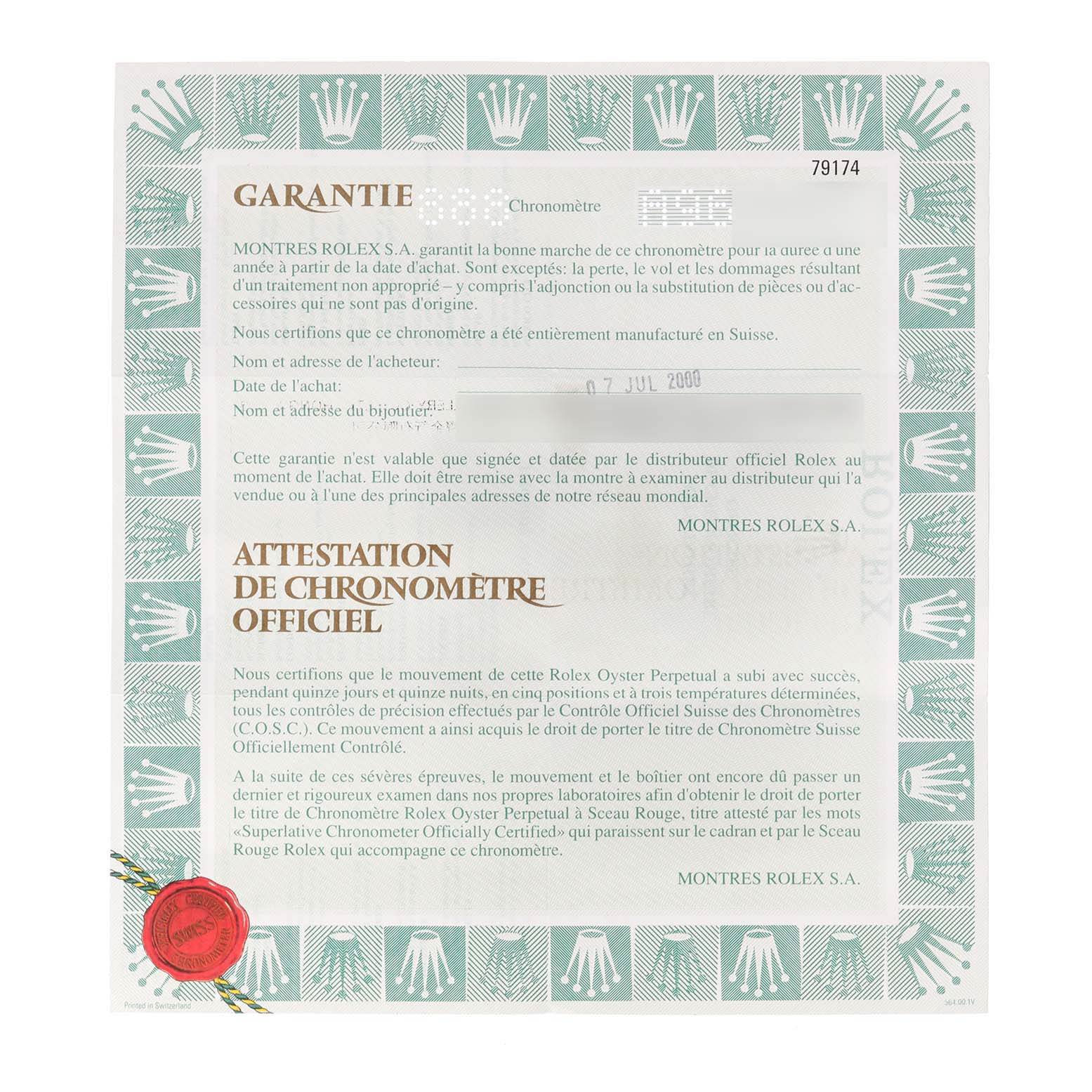 The image shows a guarantee and certification document for a Rolex Datejust 79174 Women
s Stainless Steel Silver Dial 79174 Women
s Stainless Steel Silver Dial model watch.