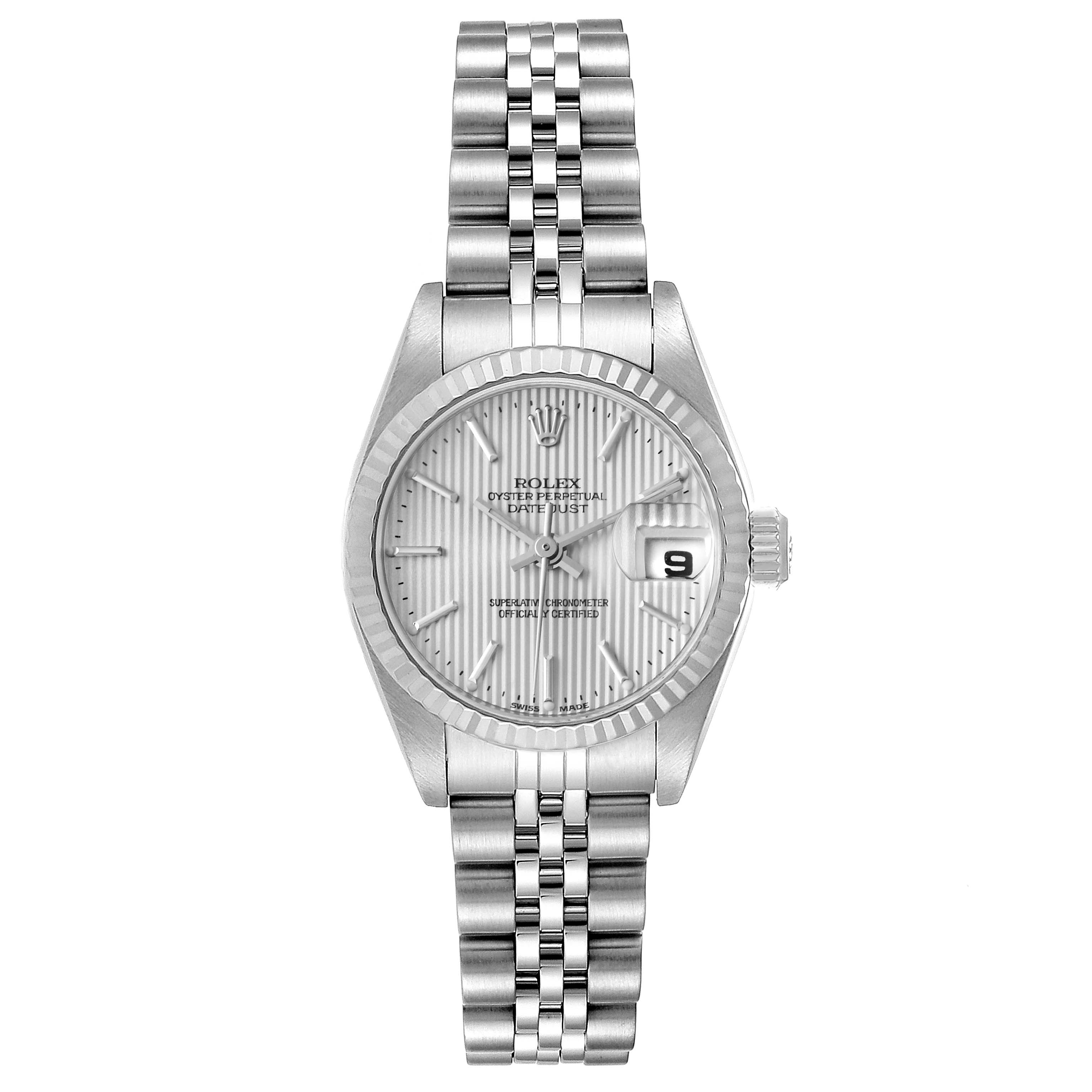 The image shows a front view of a Rolex Datejust 79174 Women
s Stainless Steel Silver Dial 79174 Women
s Stainless Steel Silver Dial watch, including the bezel, dial, hands, and the jubilee bracelet.