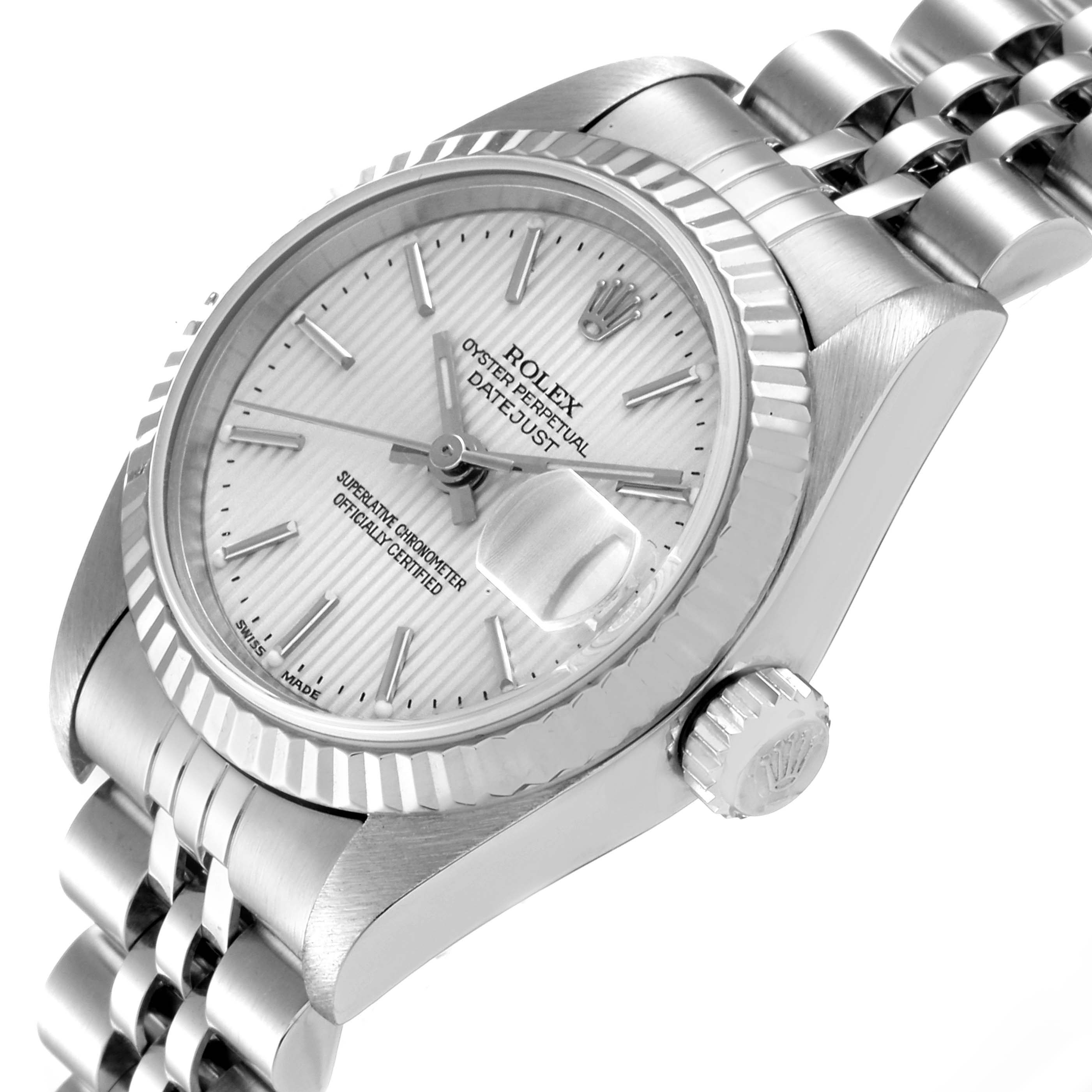 The image shows a Rolex Datejust 79174 Women
s Stainless Steel Silver Dial 79174 Women
s Stainless Steel Silver Dial watch from a side angle, highlighting the case, dial, bezel, crown, and part of the bracelet.
