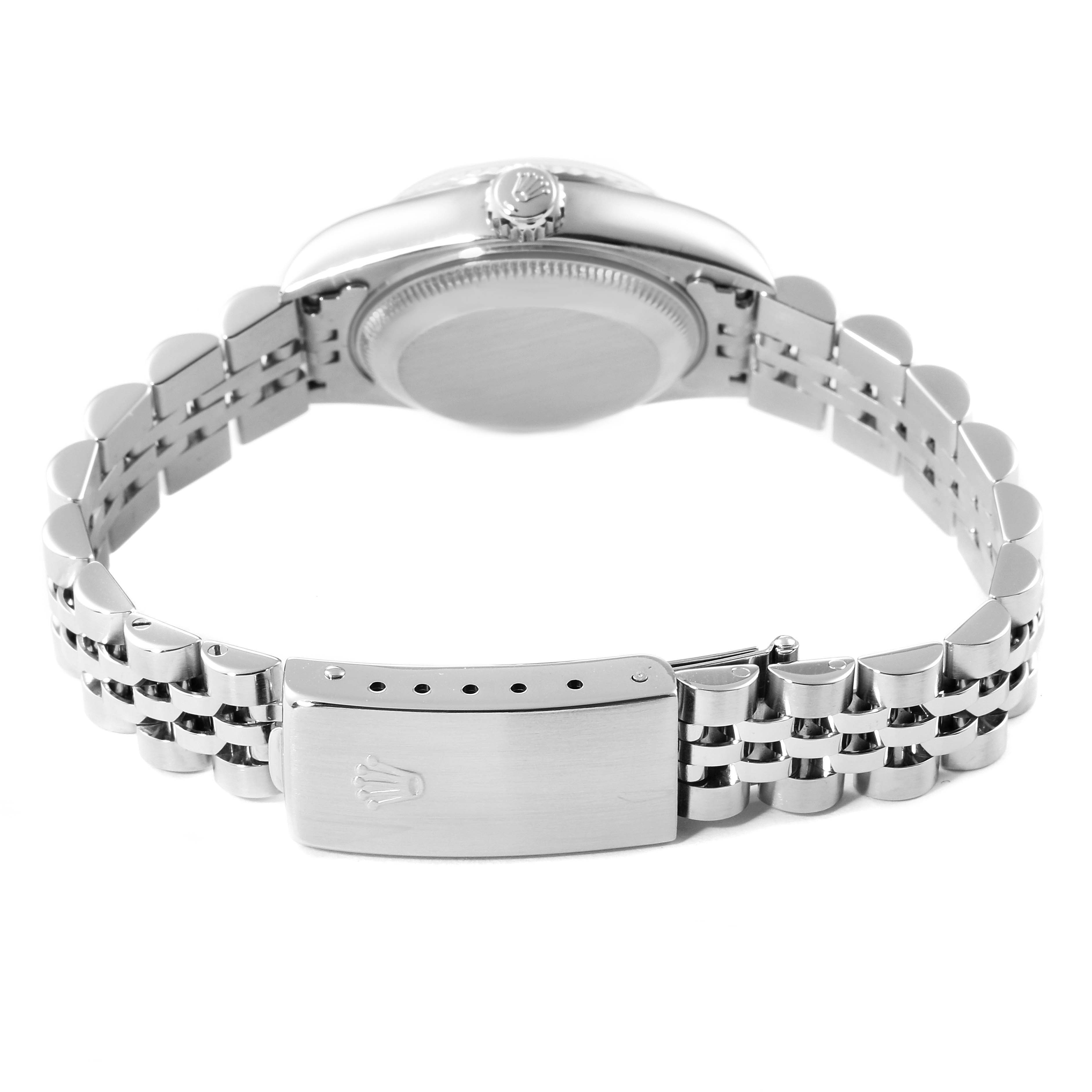 The image shows the back of a Rolex Datejust 79174 Women
s Stainless Steel Silver Dial 79174 Women
s Stainless Steel Silver Dial watch, highlighting the case back and the clasp of the bracelet.