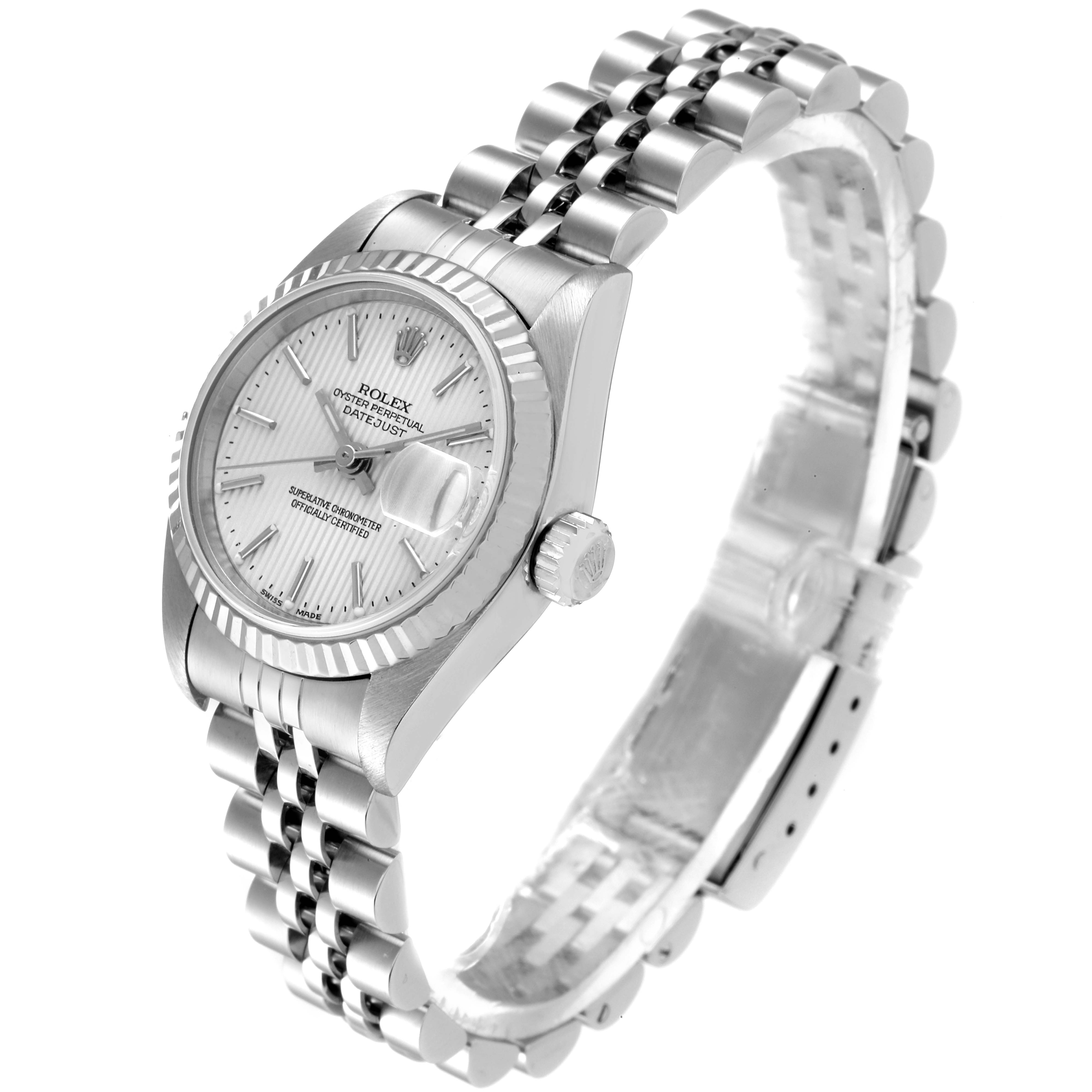 This image shows the Rolex Datejust 79174 Women
s Stainless Steel Silver Dial 79174 Women
s Stainless Steel Silver Dial watch at an angled view, highlighting the dial, bezel, crown, and bracelet.