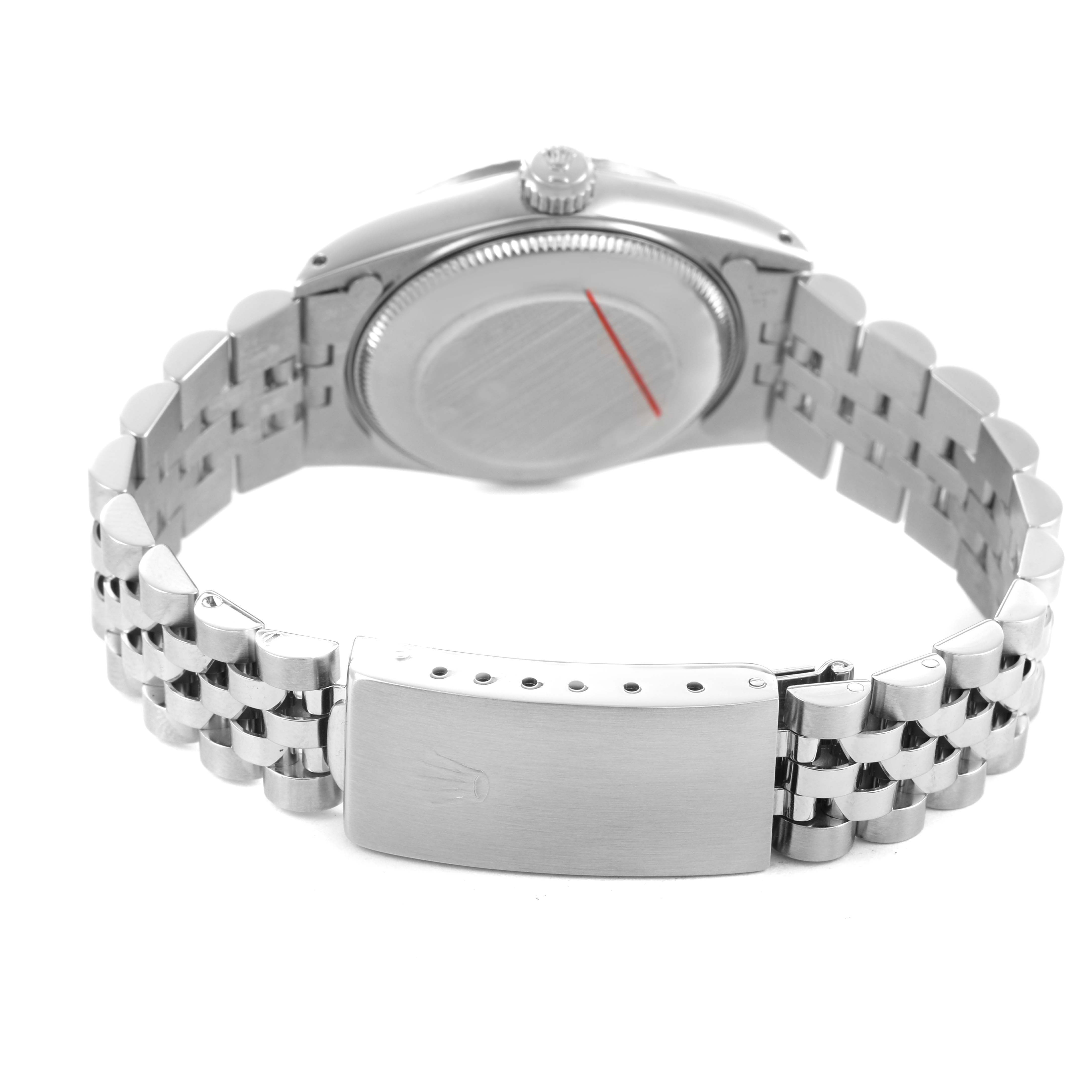 The image shows the back and bracelet of a Rolex Mid-Size 68274 Women's Stainless Steel Silver Dial watch, highlighting the clasp and case back.