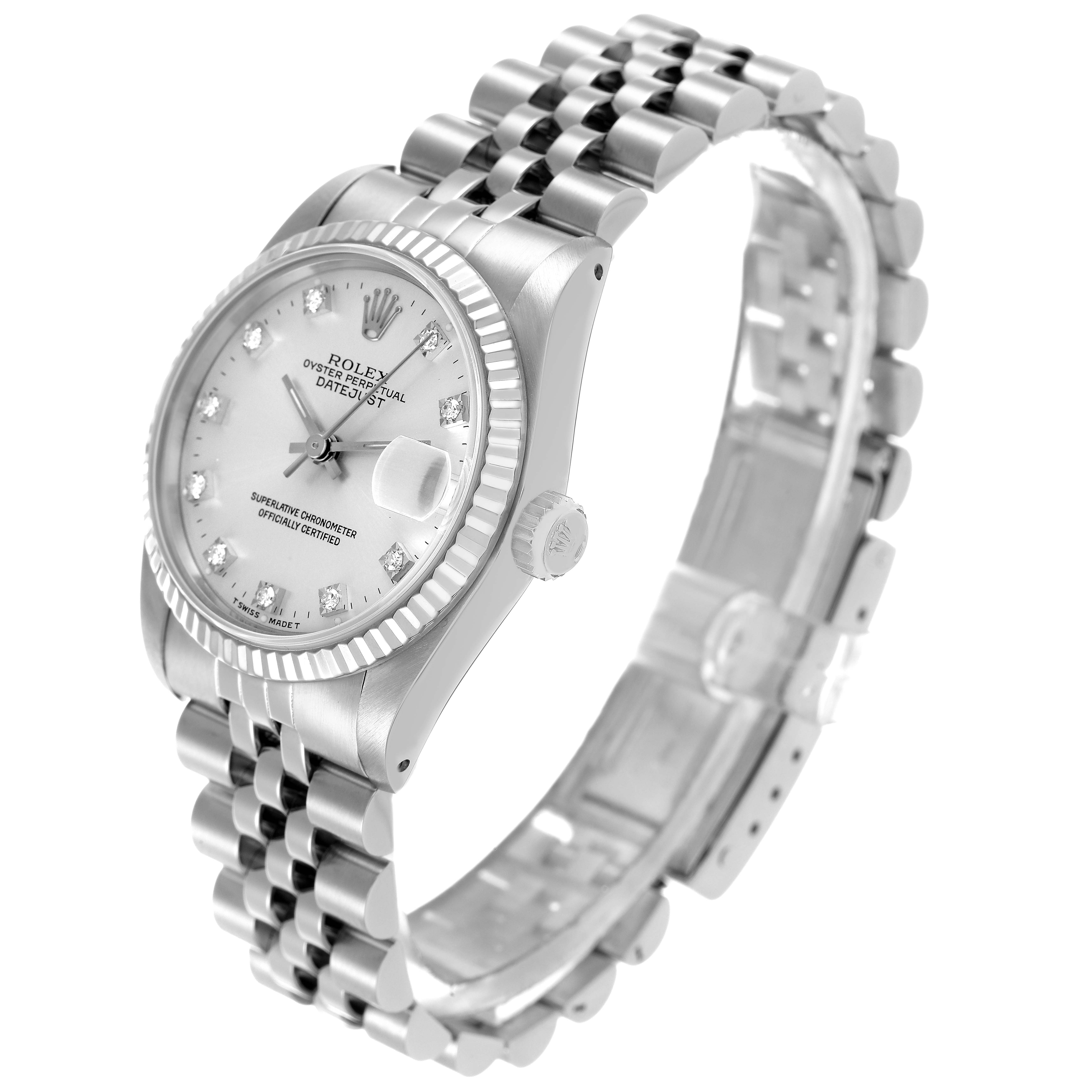The image shows a Rolex Mid-Size 68274 Women's Stainless Steel Silver Dial watch from a three-quarter angle highlighting the face, crown, and bracelet.