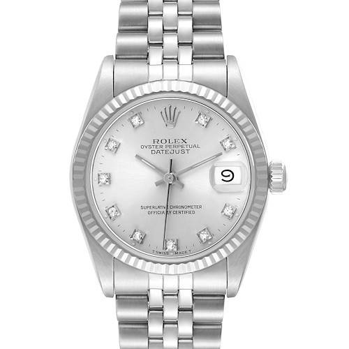 This Rolex Mid-Size 68274 Women's Stainless Steel Silver Dial Datejust watch is shown from a front angle, displaying the dial, bezel, and bracelet.