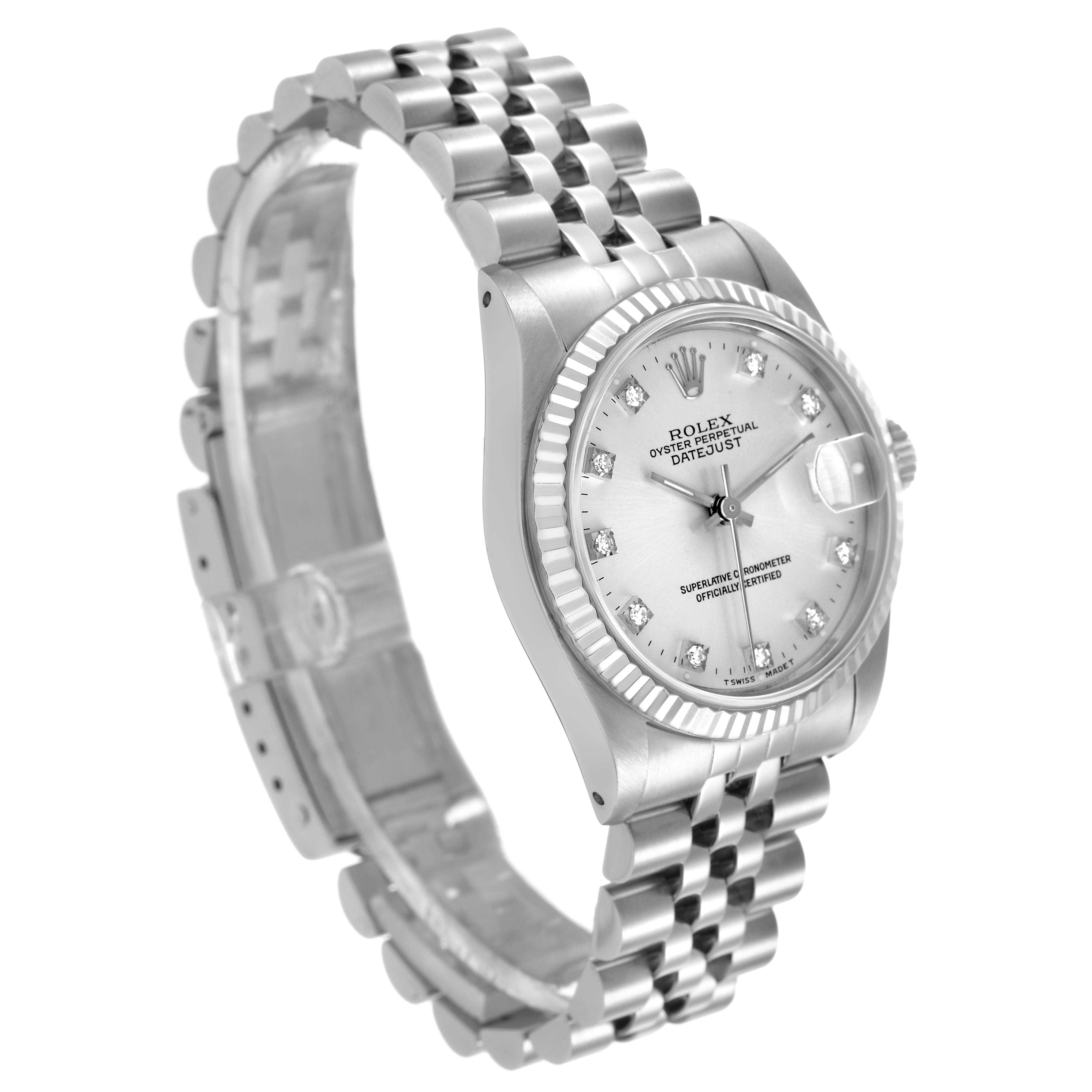The Rolex Mid-Size 68274 Women's Stainless Steel Silver Dial watch is shown from a side angle, highlighting the dial, bezel, and Jubilee bracelet.