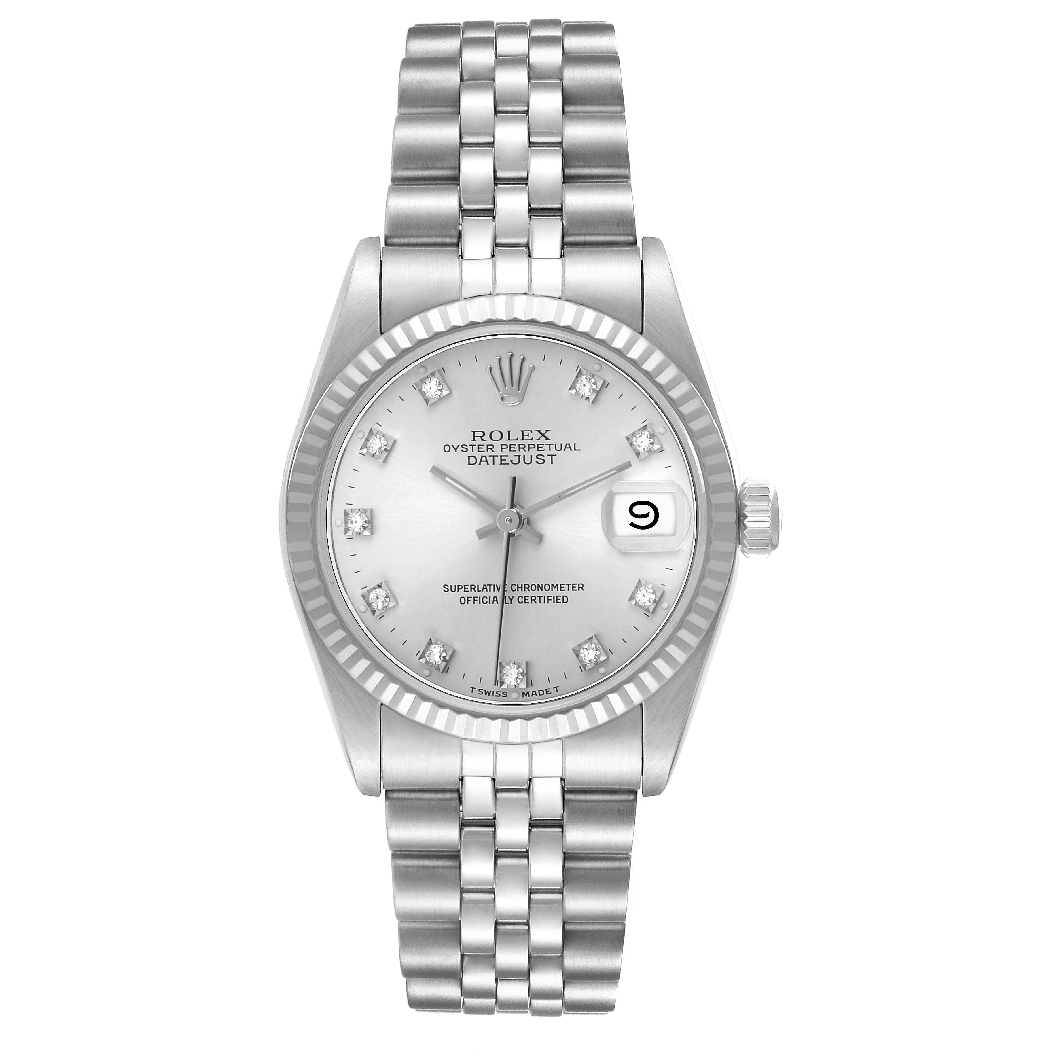 The Rolex Datejust Mid-Size watch is shown from a top-down angle, highlighting the dial, bracelet, and crown.