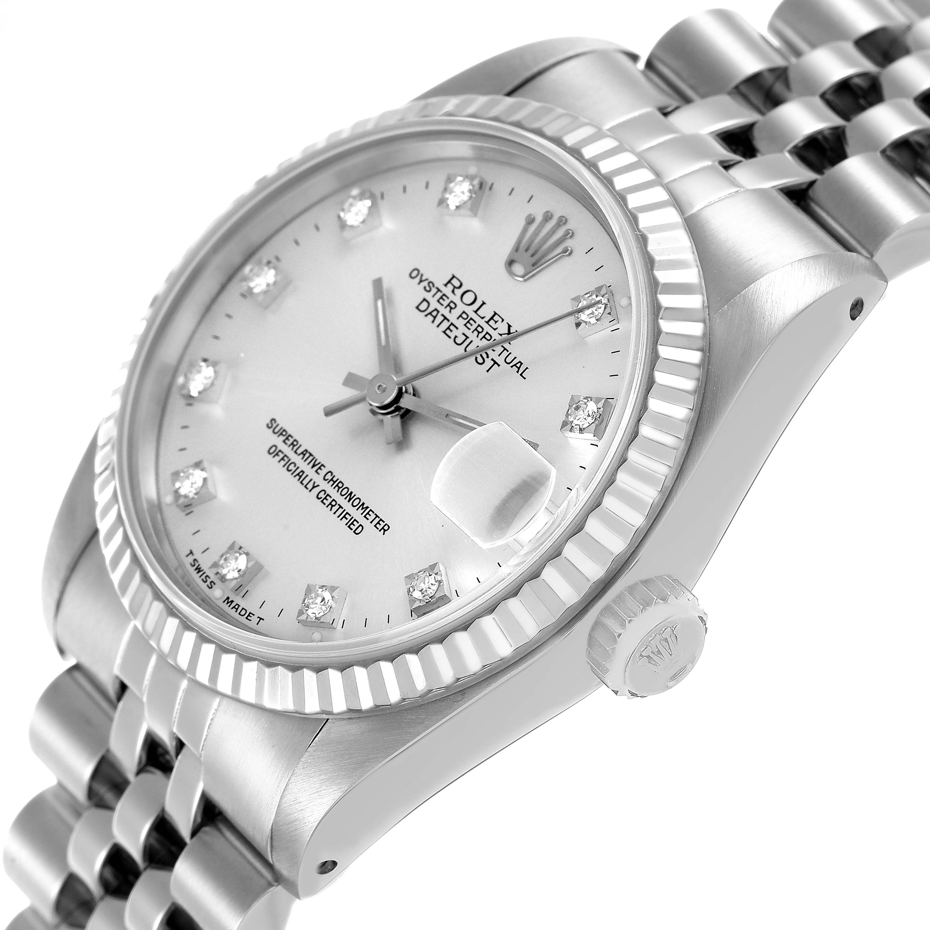 The Rolex Mid-Size 68274 Women's Stainless Steel Silver Dial watch is shown at a tilted angle, highlighting the dial, fluted bezel, and Jubilee bracelet.