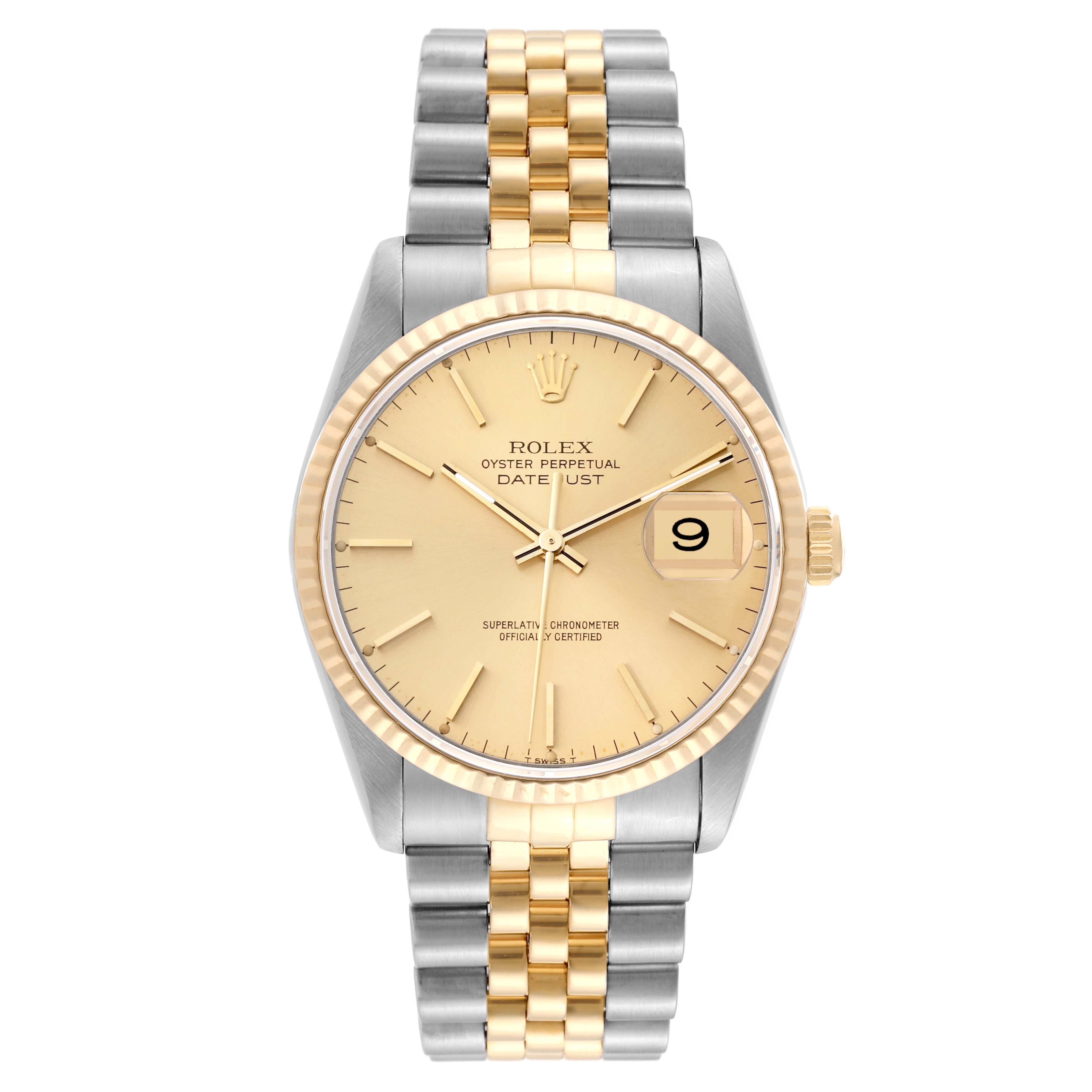 The image shows a Rolex Datejust 16233 Men
s Steel and Gold (two tone) Champagne Dial 16233 Men
s Steel and Gold (two tone) Champagne Dial watch from a front angle, displaying its dial, bezel, and two-tone bracelet.