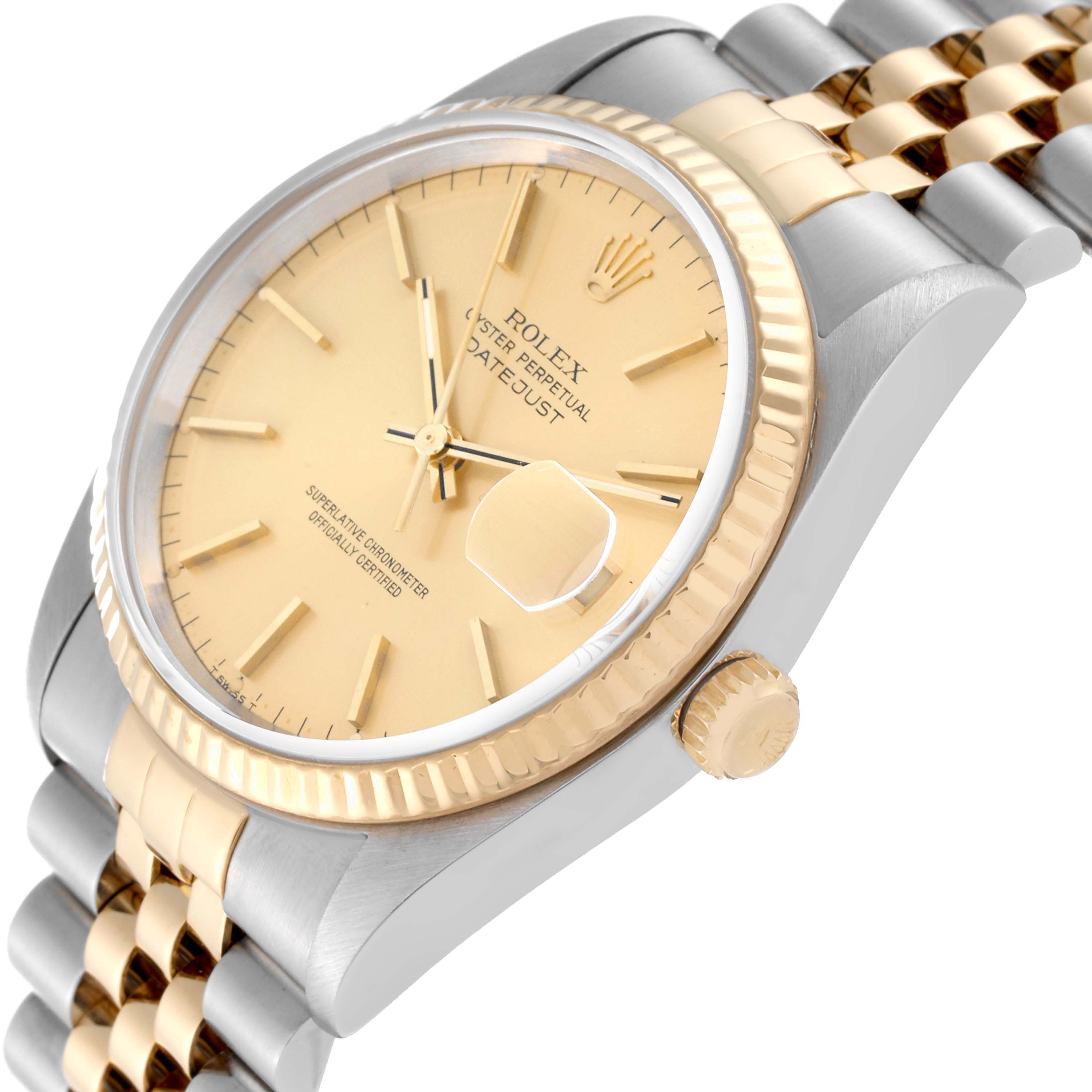 This image shows a Rolex Datejust 16233 Men
s Steel and Gold (two tone) Champagne Dial 16233 Men
s Steel and Gold (two tone) Champagne Dial watch at an angled view, highlighting the dial, bezel, crown, and part of the jubilee bracelet.