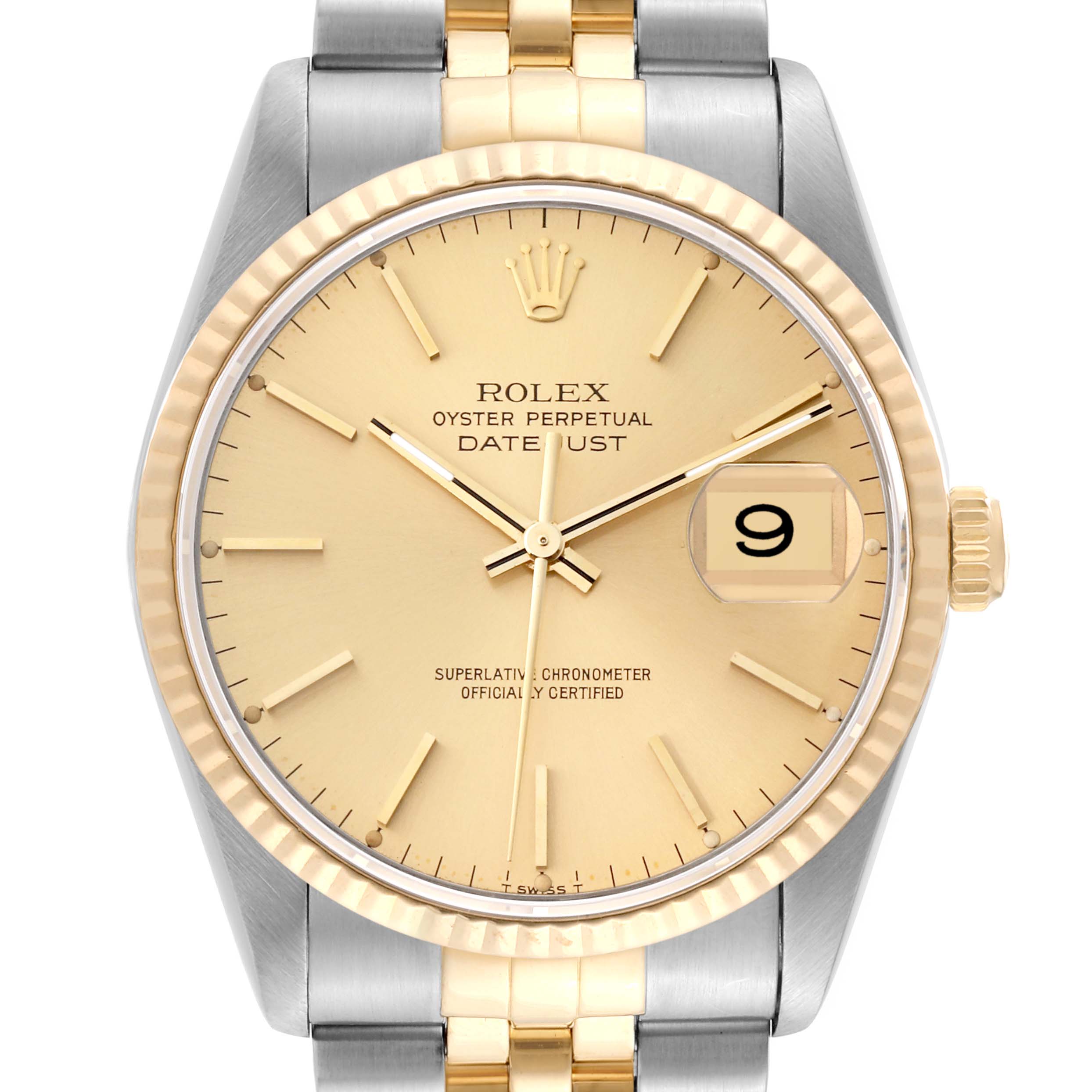 The image shows a front view of a Rolex Datejust 16233 Men
s Steel and Gold (two tone) Champagne Dial 16233 Men
s Steel and Gold (two tone) Champagne Dial watch, highlighting the dial, bezel, and part of the bracelet.