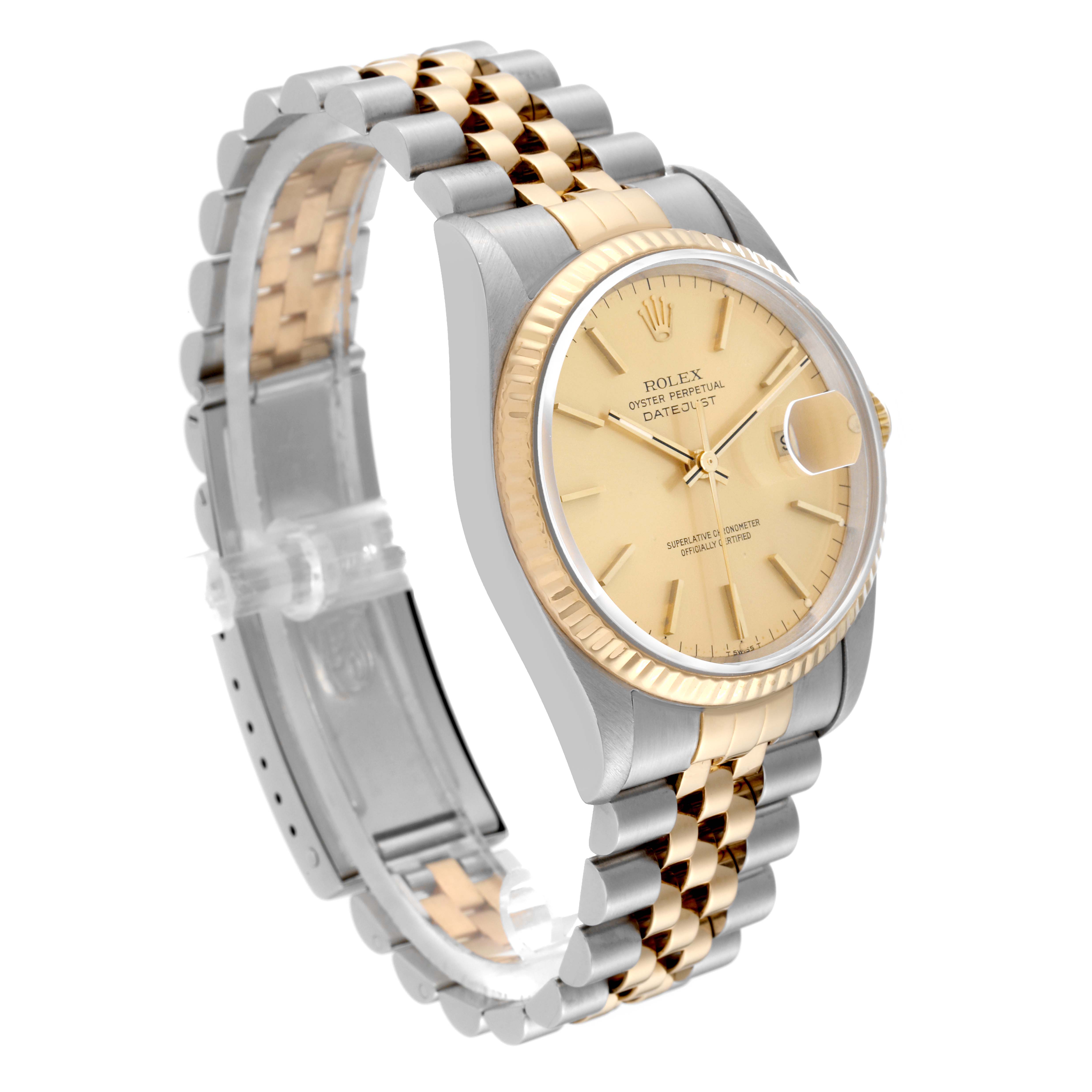 The Rolex Datejust 16233 Men
s Steel and Gold (two tone) Champagne Dial 16233 Men
s Steel and Gold (two tone) Champagne Dial watch is shown from a side angle, highlighting its dial, fluted bezel, and two-tone jubilee bracelet.