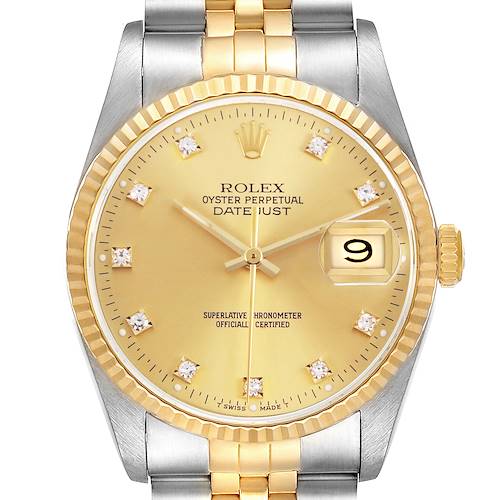 The Rolex Datejust 16233 Men's Steel and Gold (two tone) Champagne Dial watch is shown from the front, highlighting the dial, hands, bezel, crown, and band.