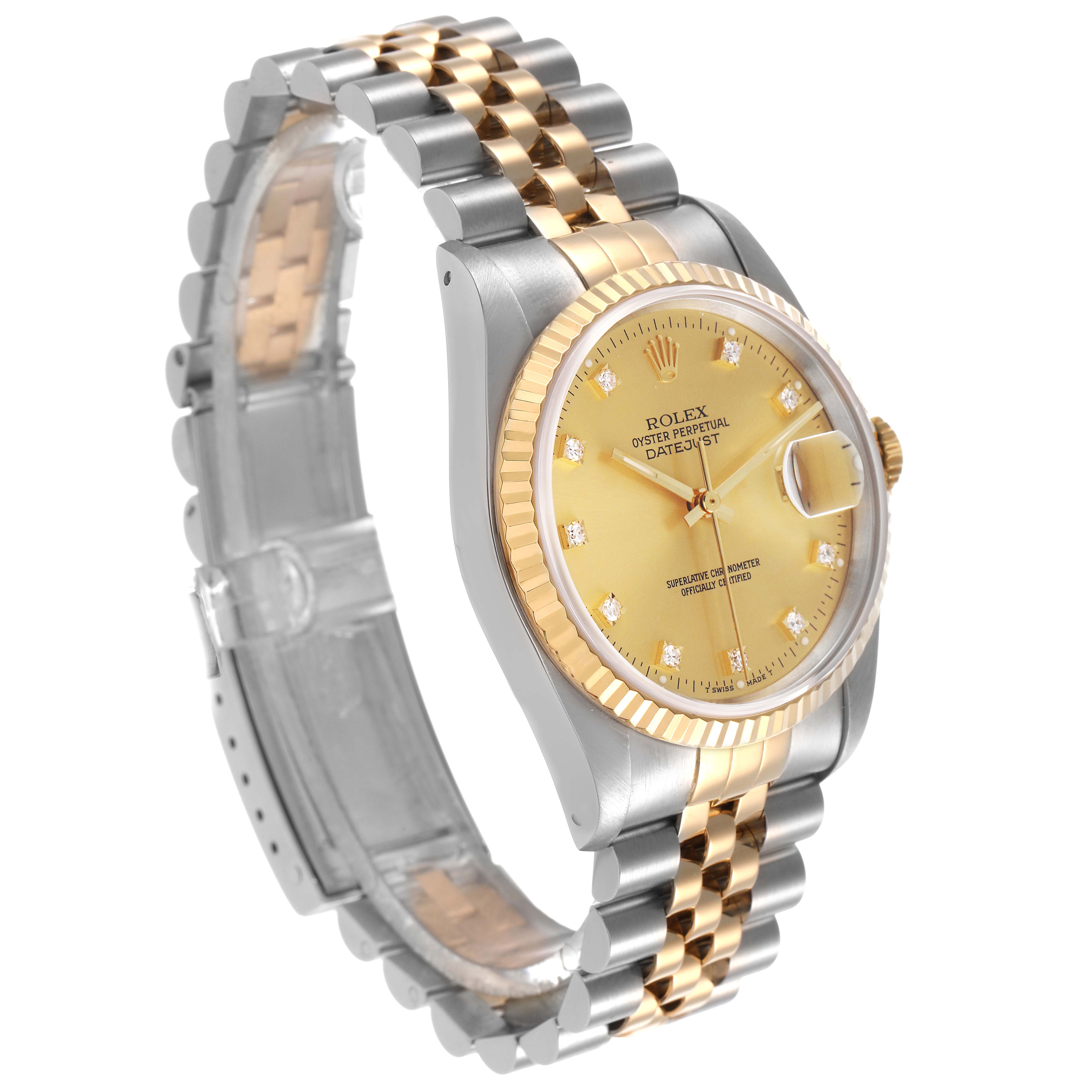 The Rolex Datejust 16233 Men's Steel and Gold (two tone) Champagne Dial watch is shown in a three-quarter view highlighting its face, two-tone bracelet, and fluted bezel.