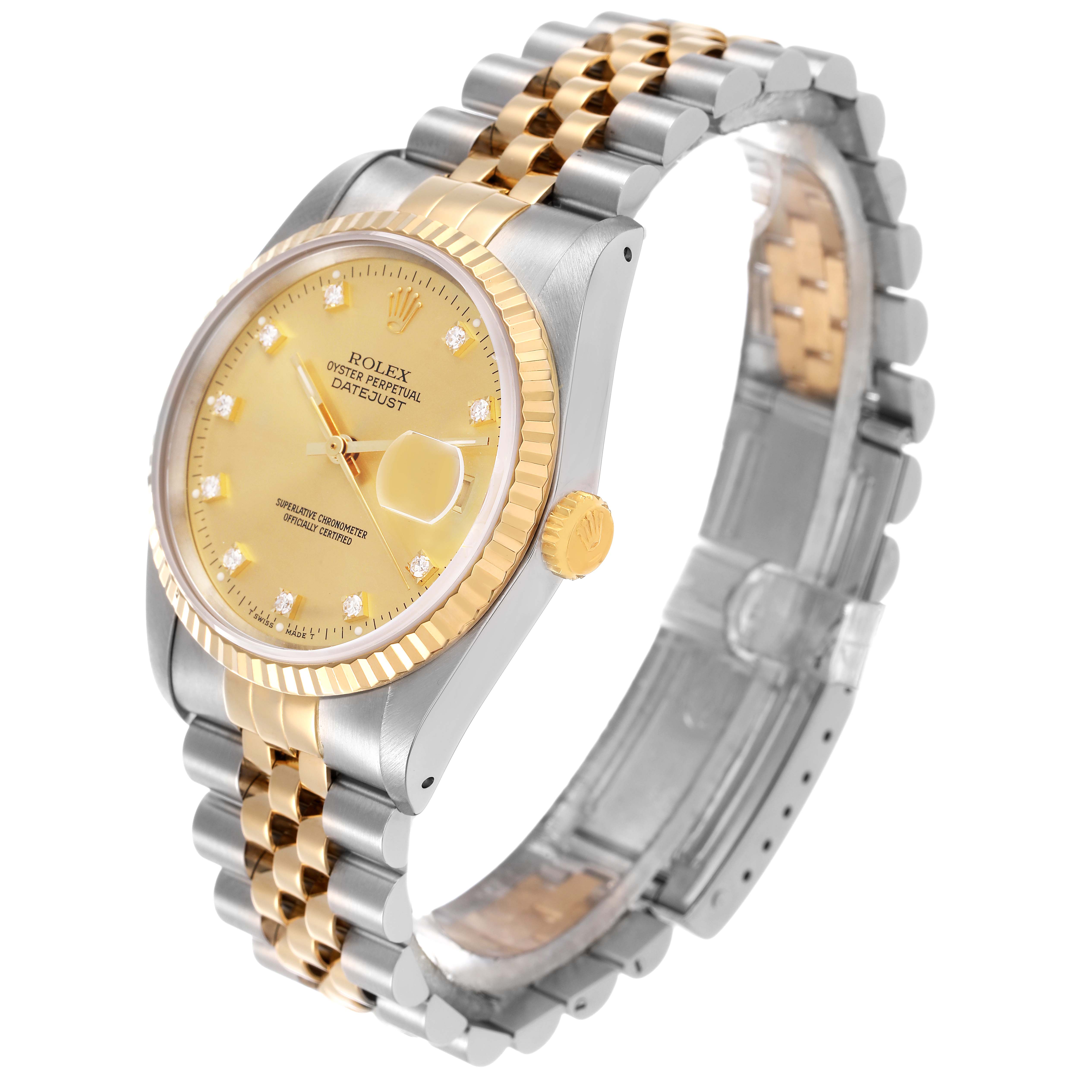 The Rolex Datejust 16233 Men's Steel and Gold (two tone) Champagne Dial watch is shown at an angled side view, highlighting its two-tone bracelet, gold fluted bezel, and dial.