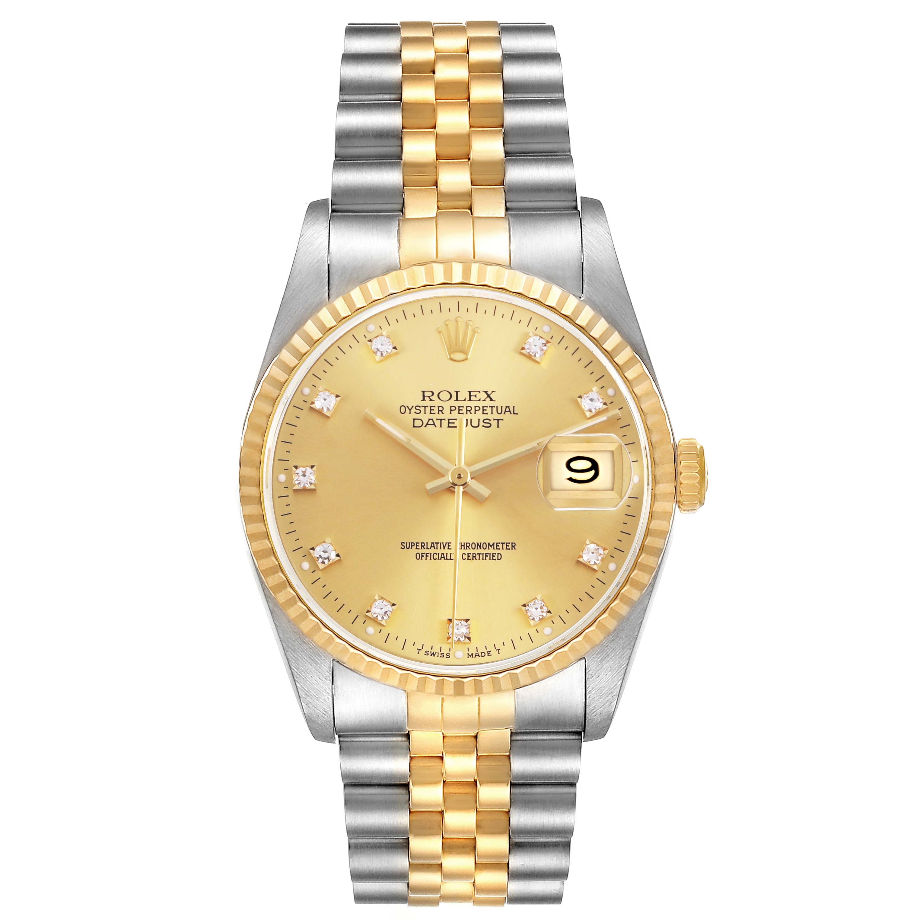 The Rolex Datejust 16233 Men's Steel and Gold (two tone) Champagne Dial watch is shown from a top-down angle, highlighting the dial, bezel, and bracelet.