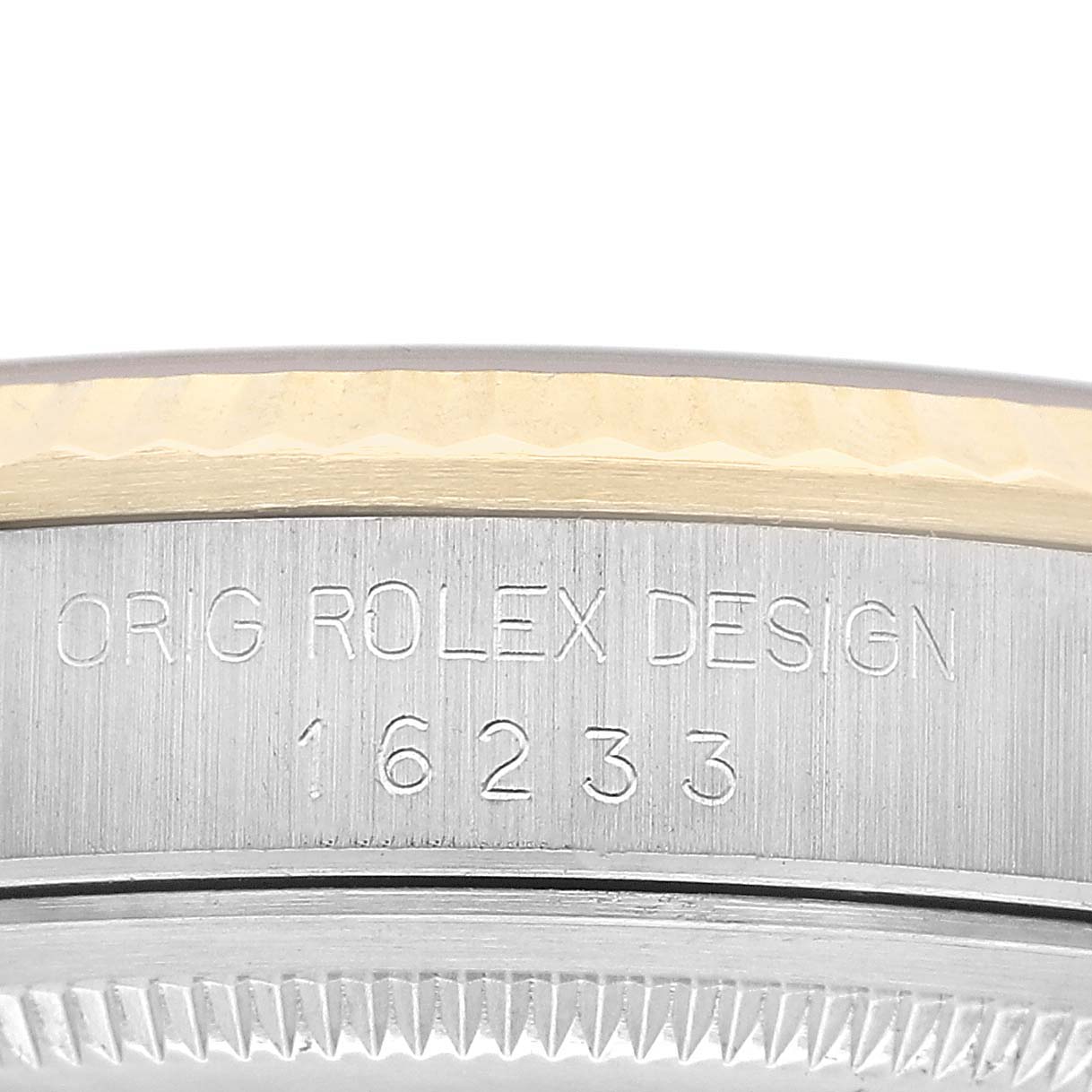 The image shows the side of a Rolex Datejust 16233 Men's Steel and Gold (two tone) Champagne Dial watch case with engraved model number 16233 and "ORIG ROLEX DESIGN."