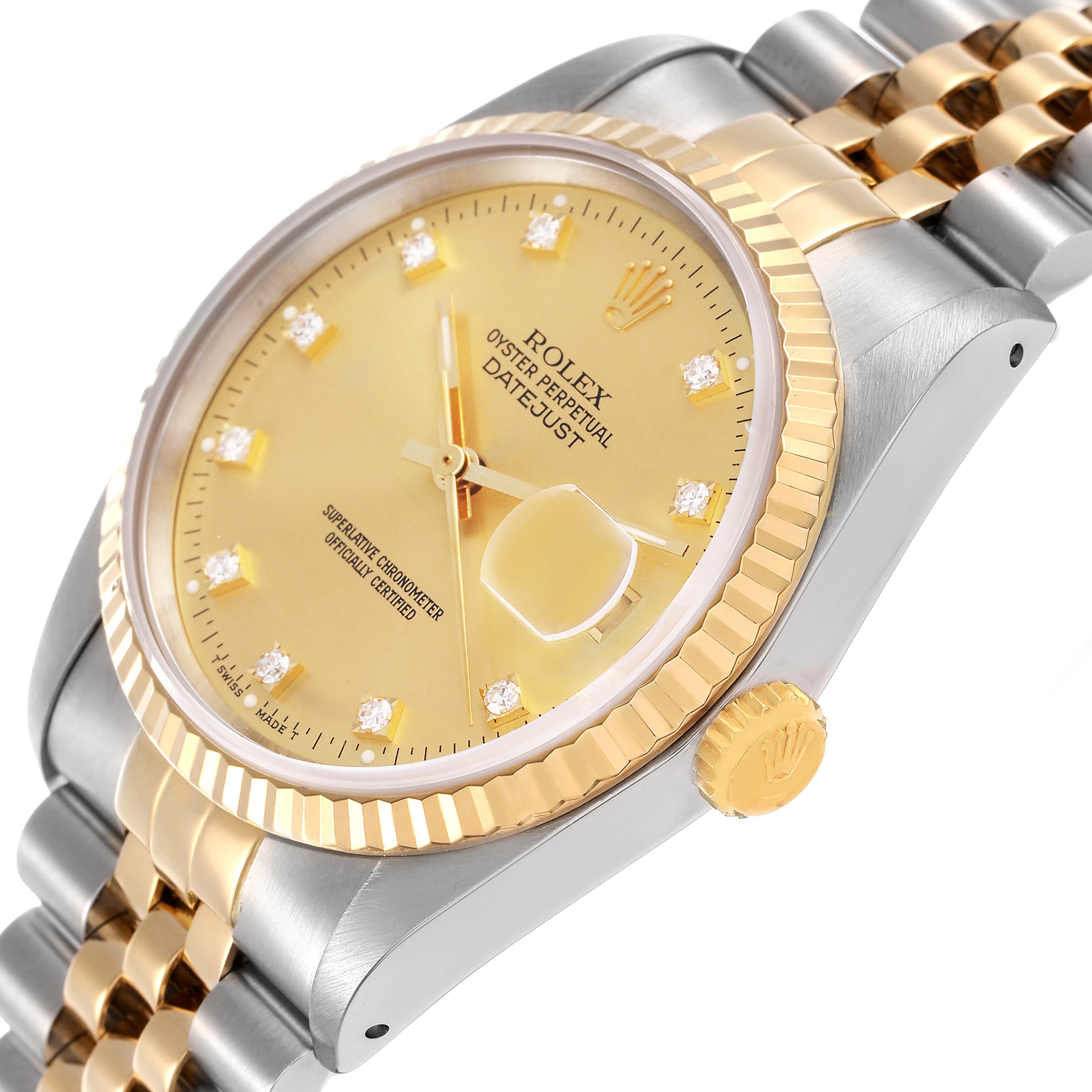 The Rolex Datejust 16233 Men's Steel and Gold (two tone) Champagne Dial watch is shown at a three-quarter angle, highlighting the dial, bezel, crown, and bracelet.