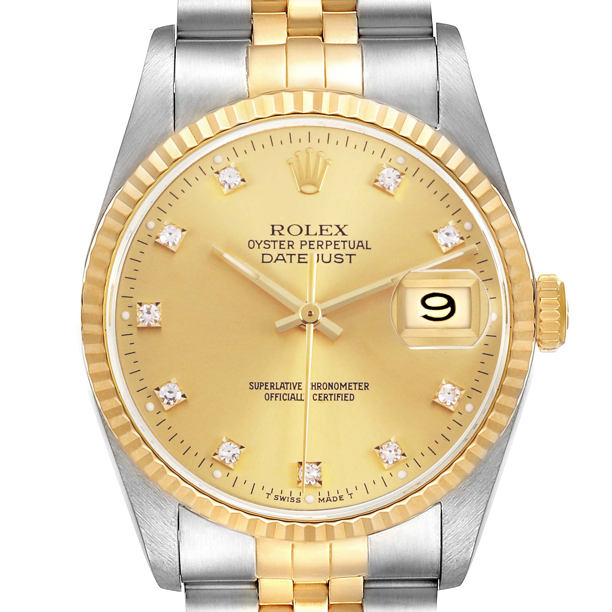 The Rolex Datejust 16233 Men's Steel and Gold (two tone) Champagne Dial watch is shown from a front angle, displaying its face, bezel, and part of the bracelet.