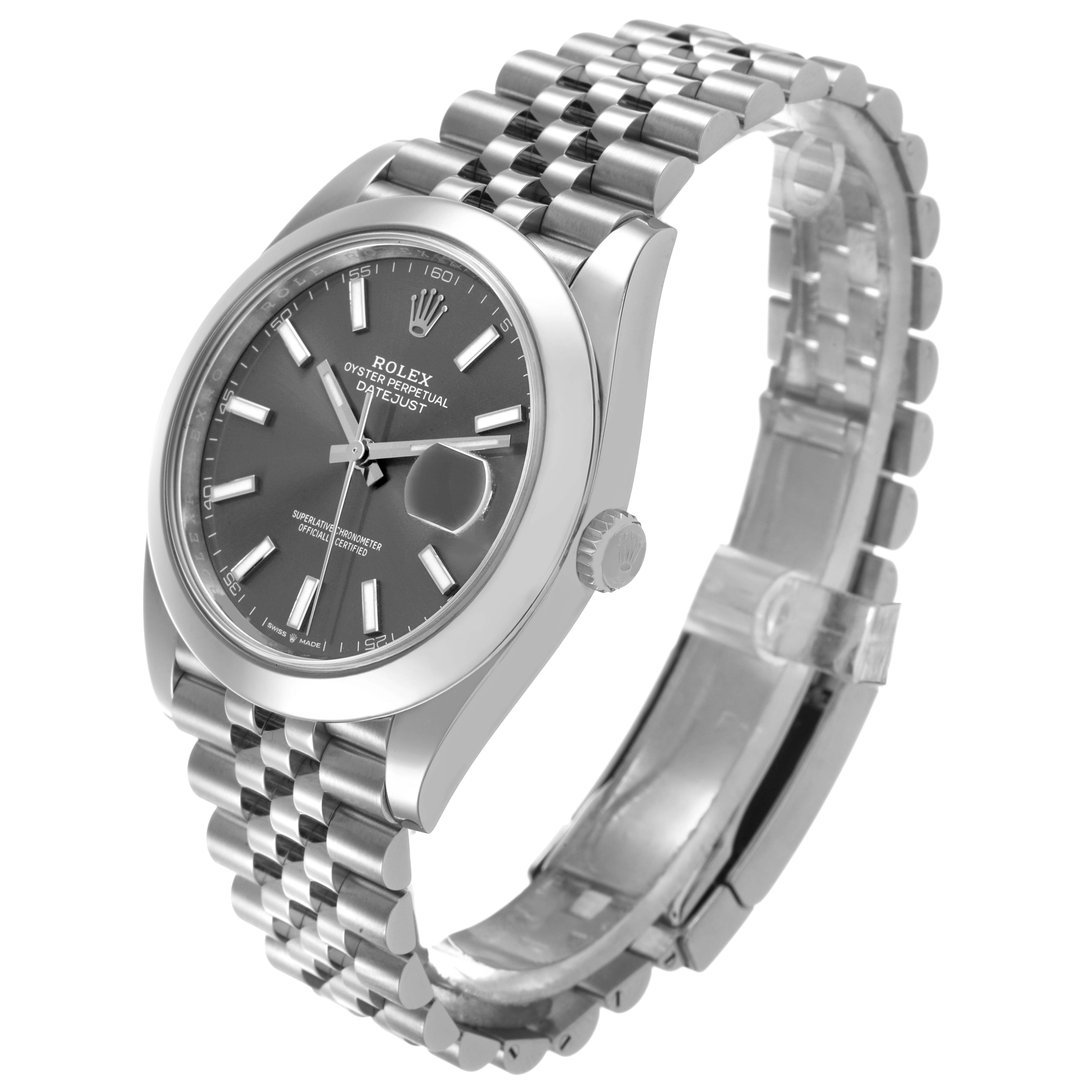 The Rolex Datejust 41 126300 Men's Stainless Steel Grey Dial is shown at an angled side view, highlighting the dial, bezel, crown, and part of the jubilee bracelet.