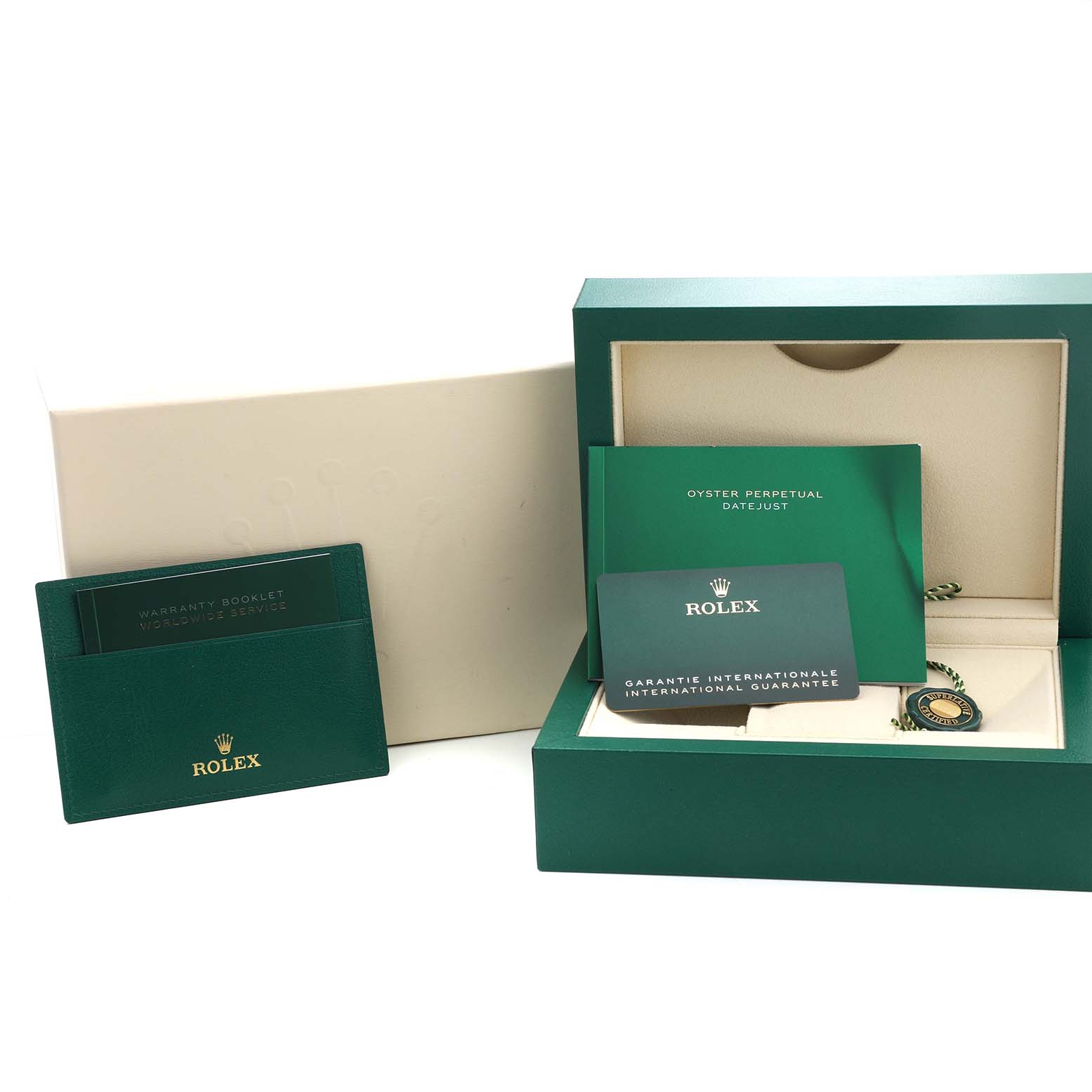The image shows a Rolex Datejust 41 126300 Men's Stainless Steel Grey Dial box set with a warranty card, booklet, and green case.