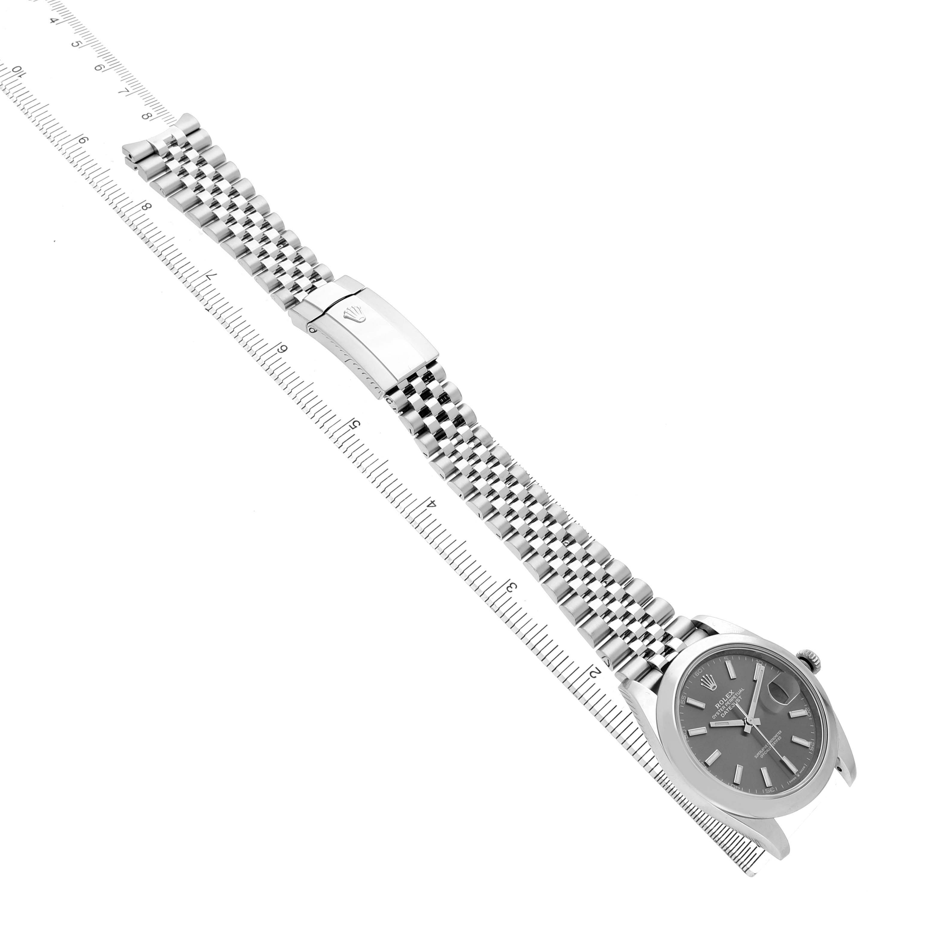 The Rolex Datejust 41 126300 Men's Stainless Steel Grey Dial watch is shown from an angled top-down view, highlighting its face, bracelet, and clasp.