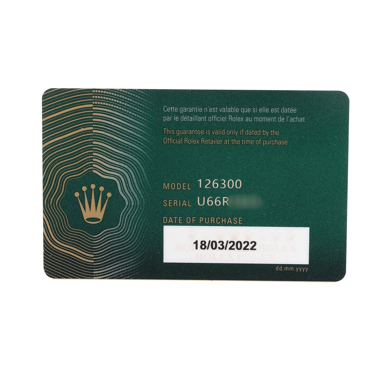 The image shows a guarantee card for the Rolex Datejust 41 126300 Men's Stainless Steel Grey Dial model, displaying the model number, serial number, and purchase date.