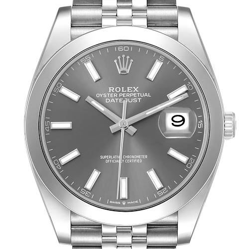 The image shows a front view of the Rolex Datejust 41 126300 Men's Stainless Steel Grey Dial, displaying the dial, bezel, and part of the bracelet.